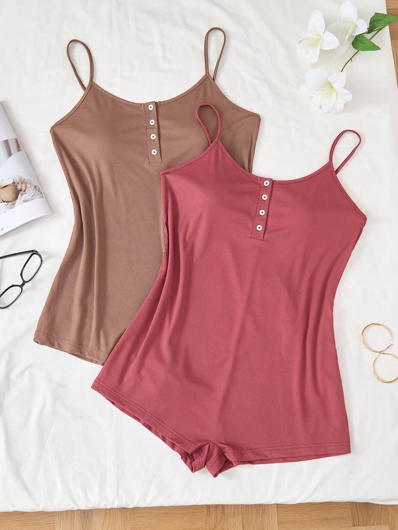 SHEIN 2pcs Plus Size Rib-Knit Camisole One-Piece Pajama Set
