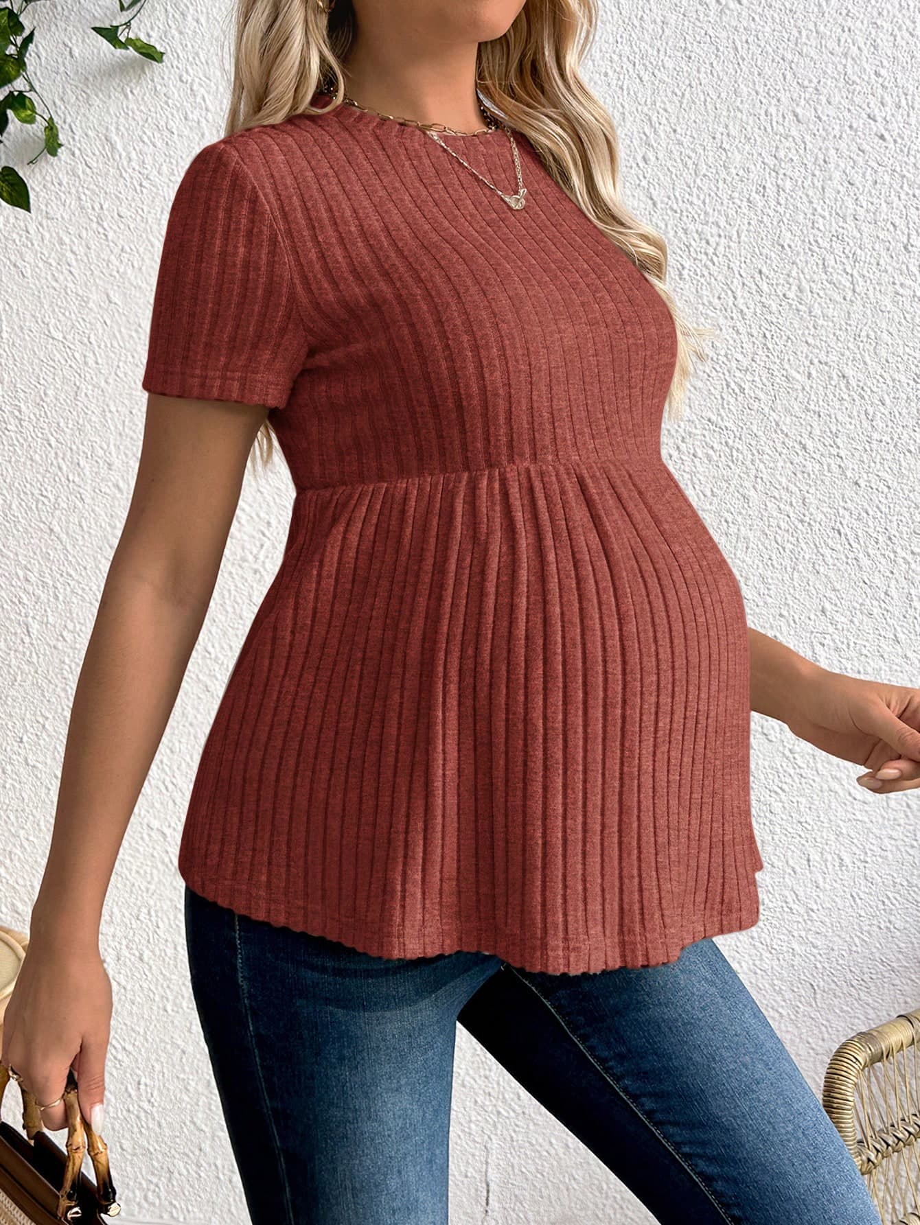SHEIN Maternity Plain Round Neck Short Sleeve Ruffled Hem T-Shirt Fall