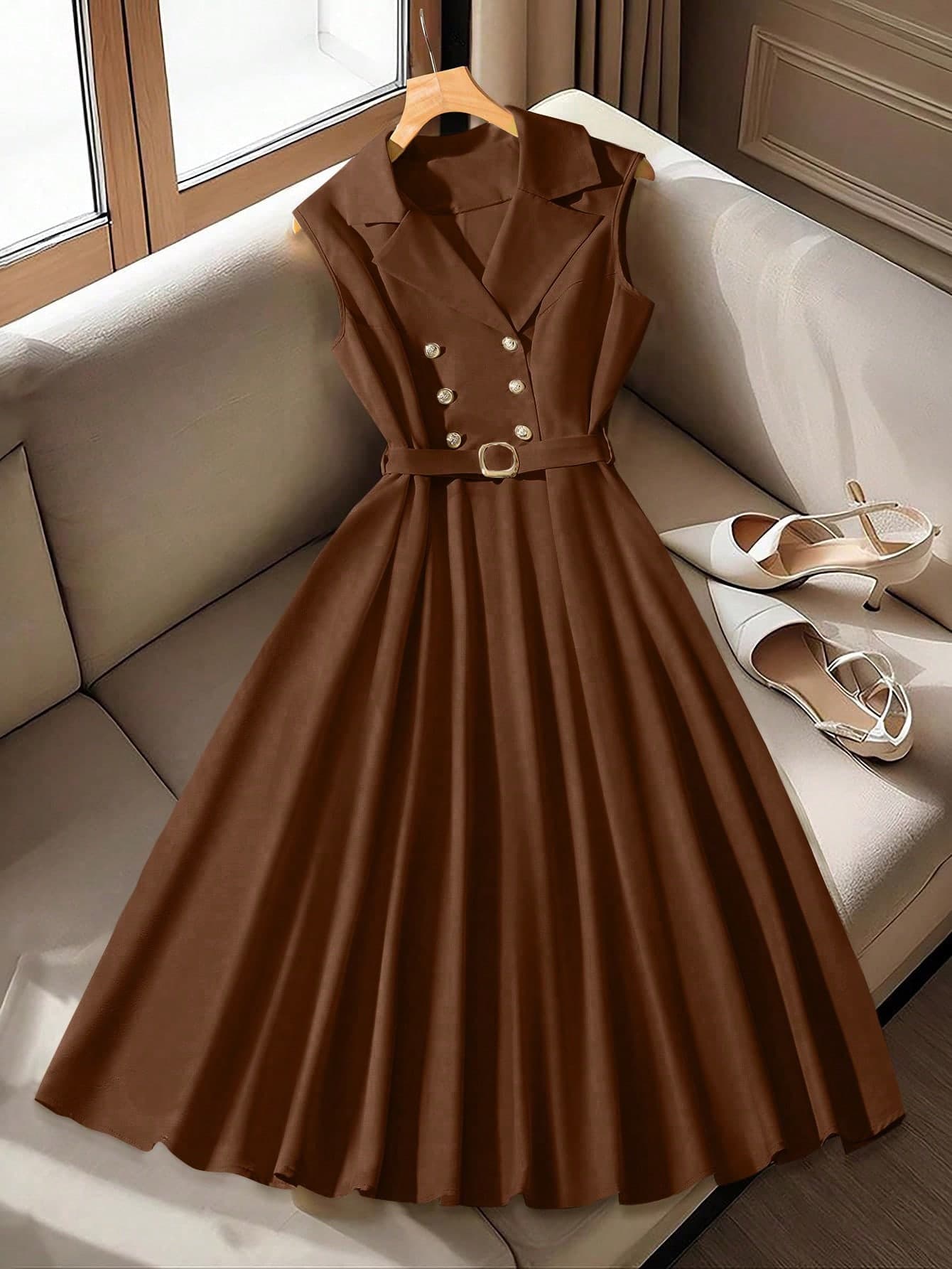 GlowEve CURVE Women's Plus Size Apricot Solid Sleeveless Double Breasted Waist Metal Button Elegant Office Dress