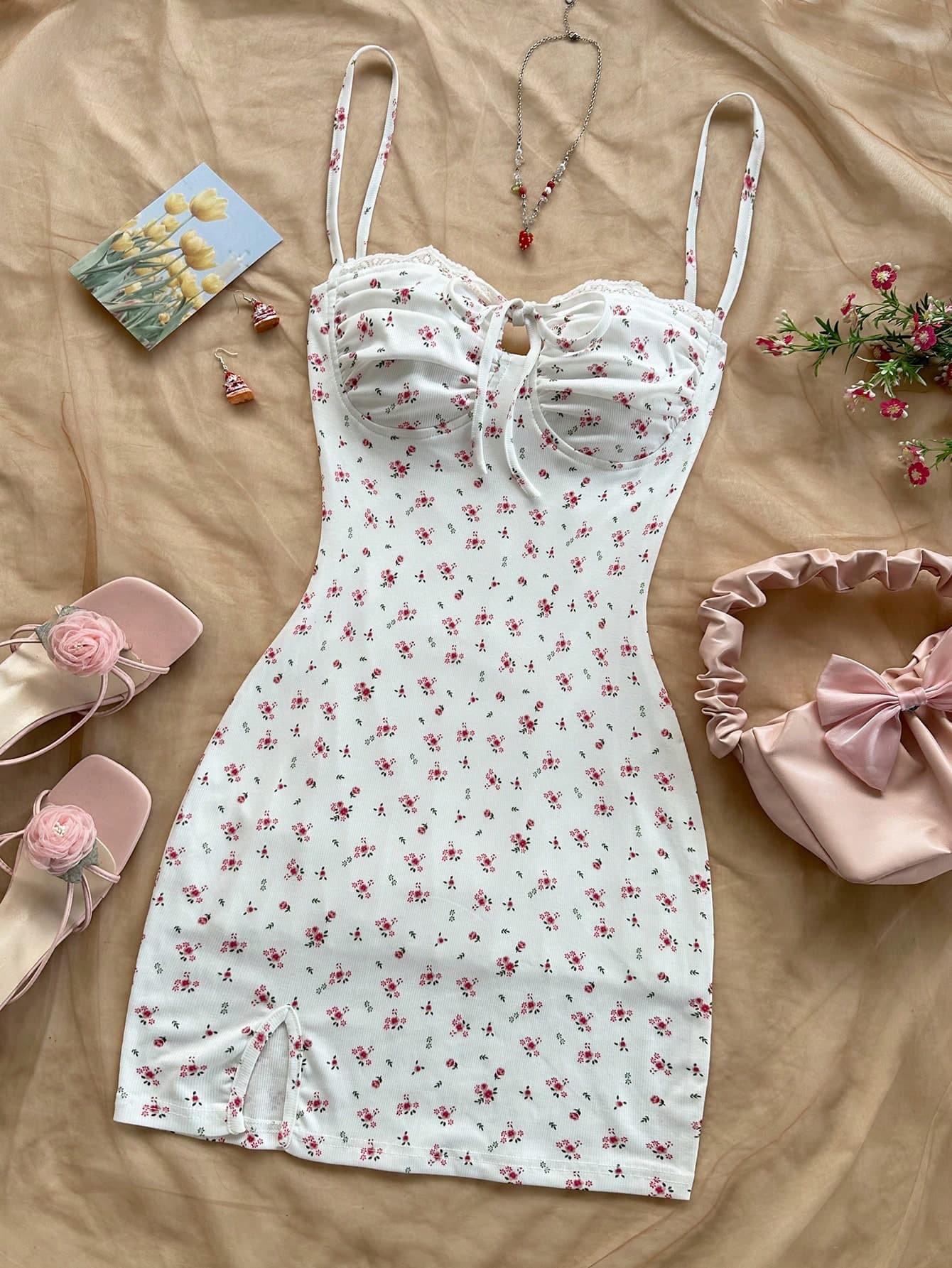 Soleia White And Pink Ditsy Floral Mini Dress,Summer Cottage Core Spaghetti Strap Bustier Patchwork Ruffle Open Back Tie Hem Split Hem For Dates Vacation