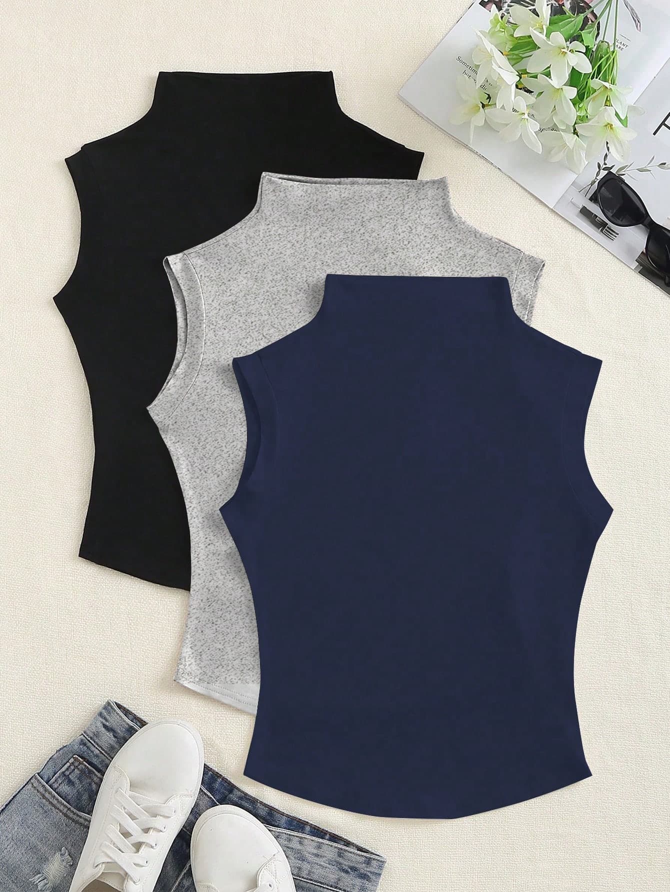 Elamini Women's Summer Solid Color Slim-Fit Turtleneck T-Shirt