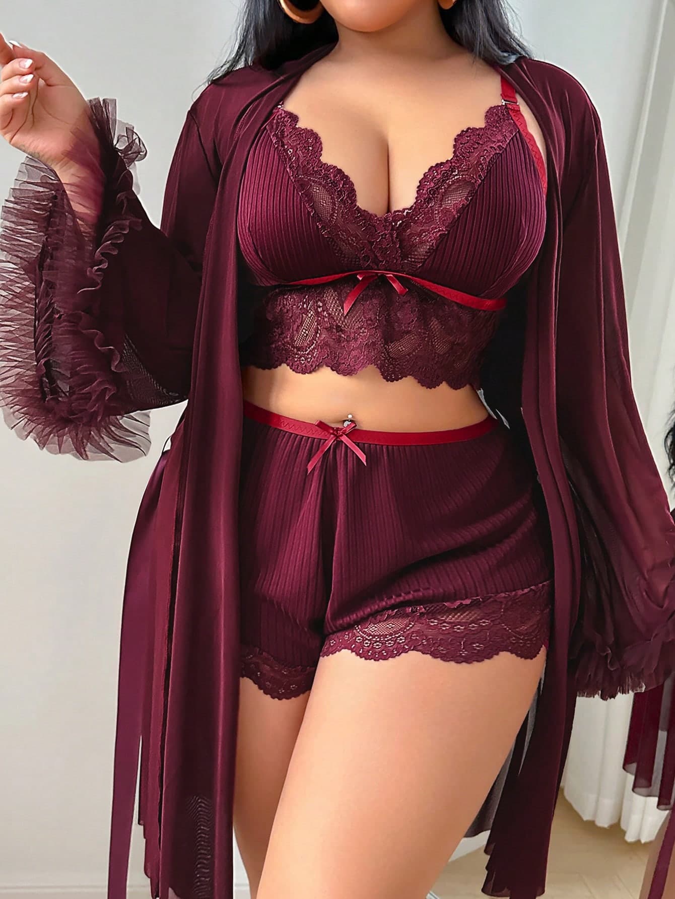 Slumberist 3pcs Set: Lace Patchwork Sexy Camisole Shorts + 3D Floral Trim Loose Sleeve Plus Size Mesh Robe