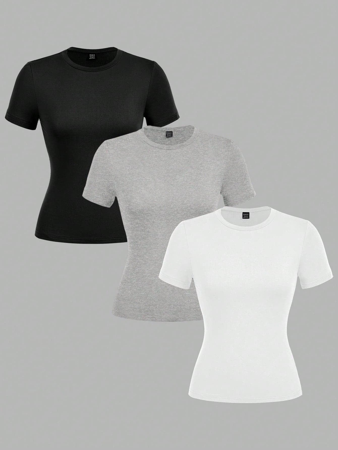 SHEIN EZwear 3pcs/Set Women Black, Gray, White Round Neck Casual Form-Fitting Long Sleeve T-Shirt Suit, Suitable For Summer 3 Packs Tops Autumn And Winter
