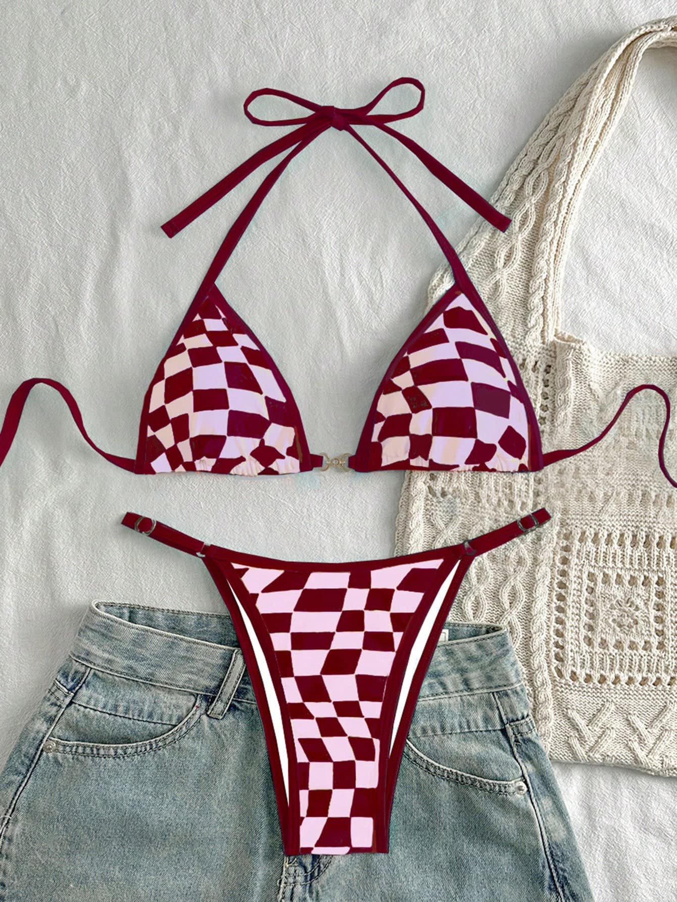Swim Mod 2pcs/Set Women's Checkerboard Print Sexy Halter Bikini For Summer Beach Vacation