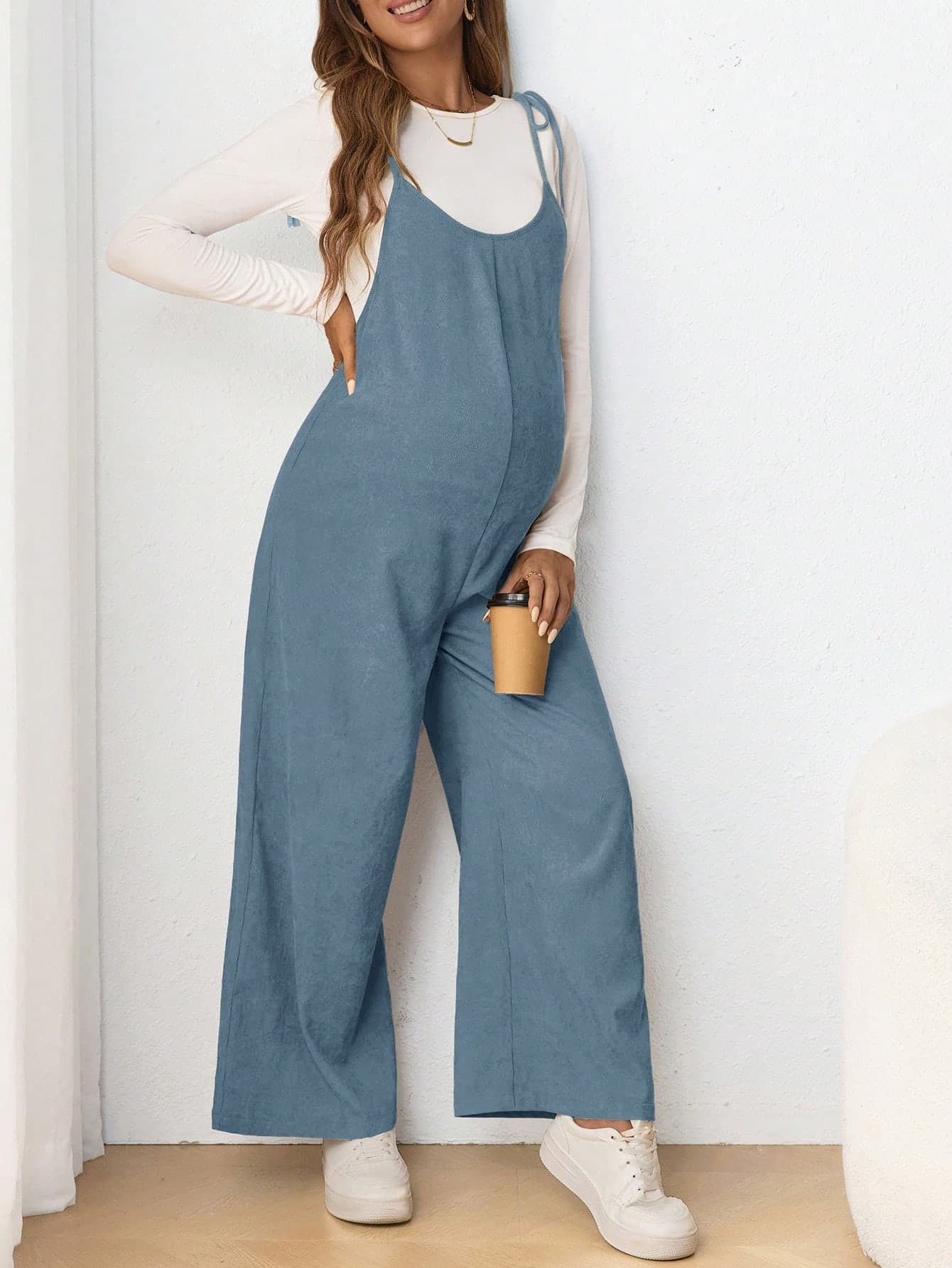 SHEIN Maternity Casual Spaghetti Strap Bowknot Long Fitted Pregnant Women Jumpsuit Fall