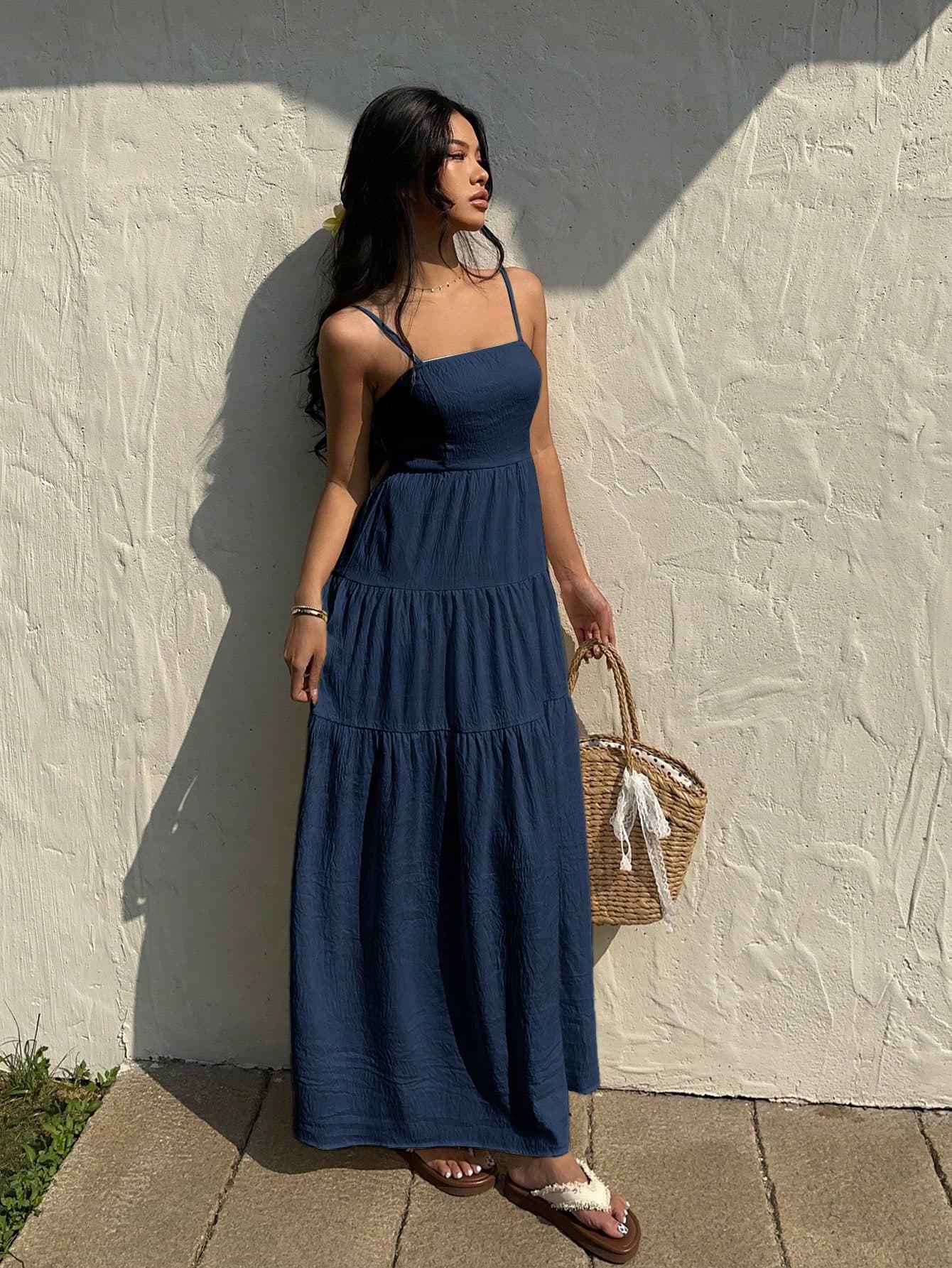 Sunnyshic Light Peach Textured Fabric Gathered Elastic Waist Sleeveless Loose Dress, Vacation Style