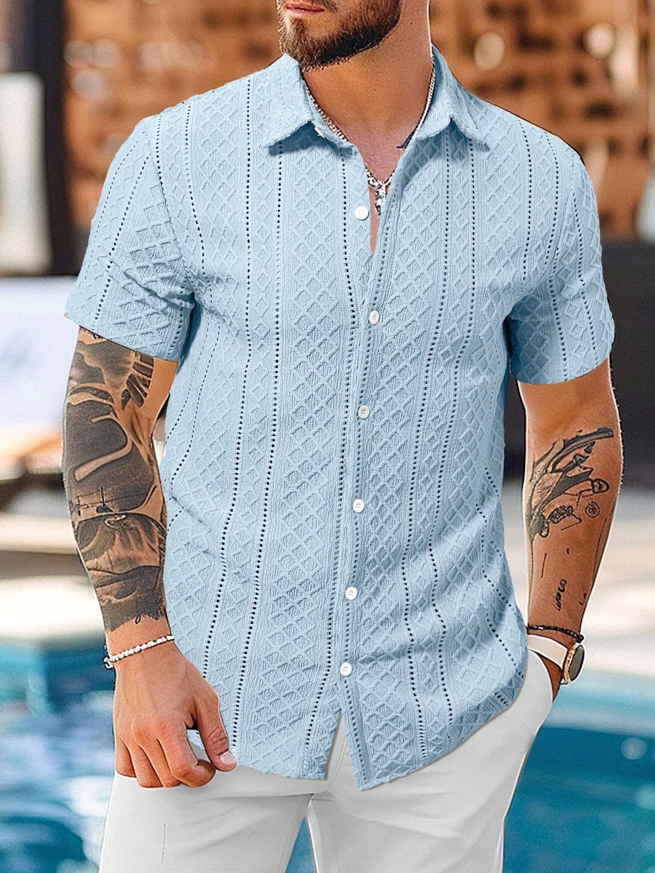 VENTUSAIL Men's Vacation Casual Solid Color Textured Short Sleeve Shirt, Holiday