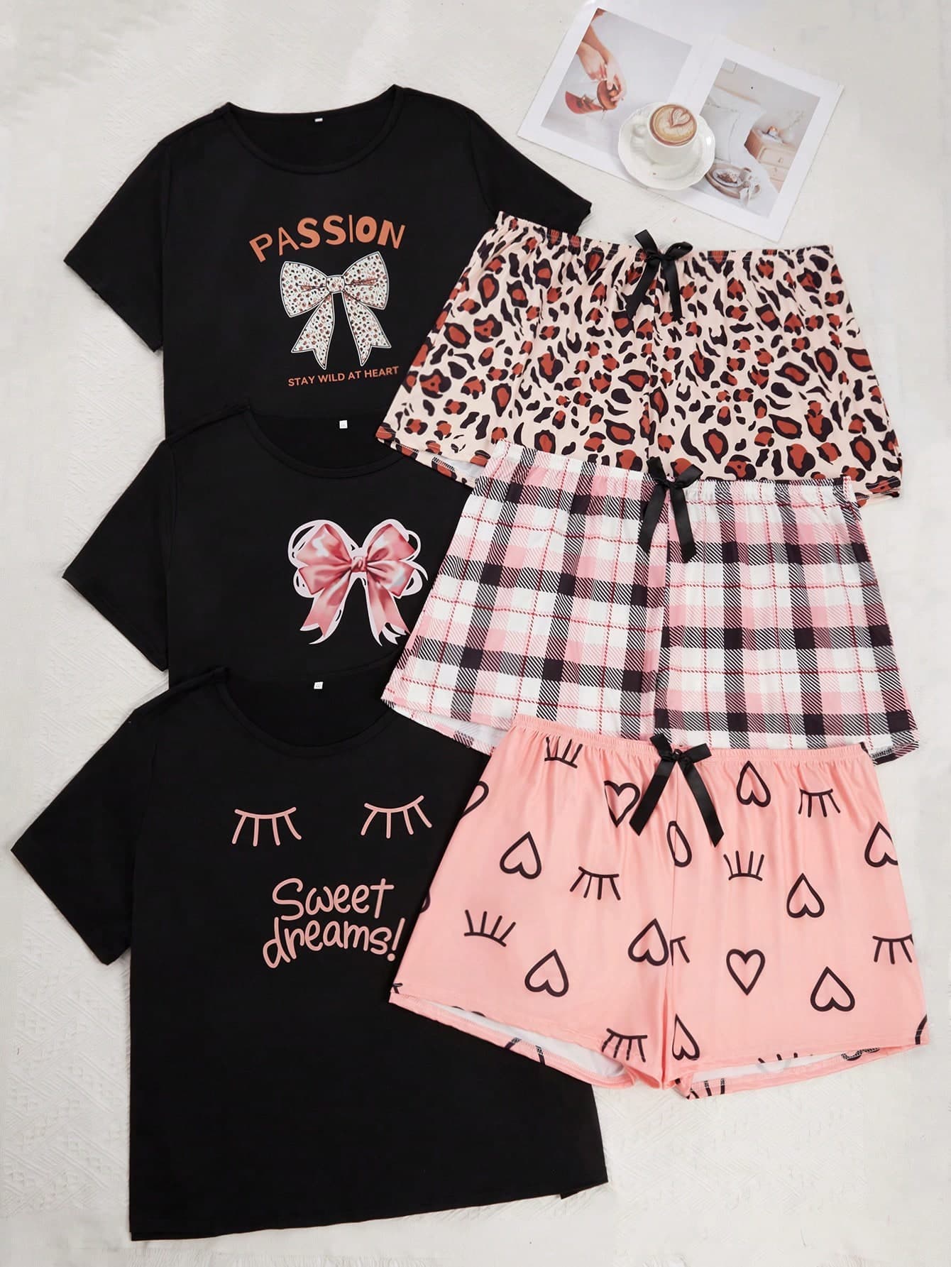 SHEIN 6pcs Plus Size Knit Round Neck Short Sleeve Top & Shorts Pajama Set, Outfits Cozy And Elegant Details