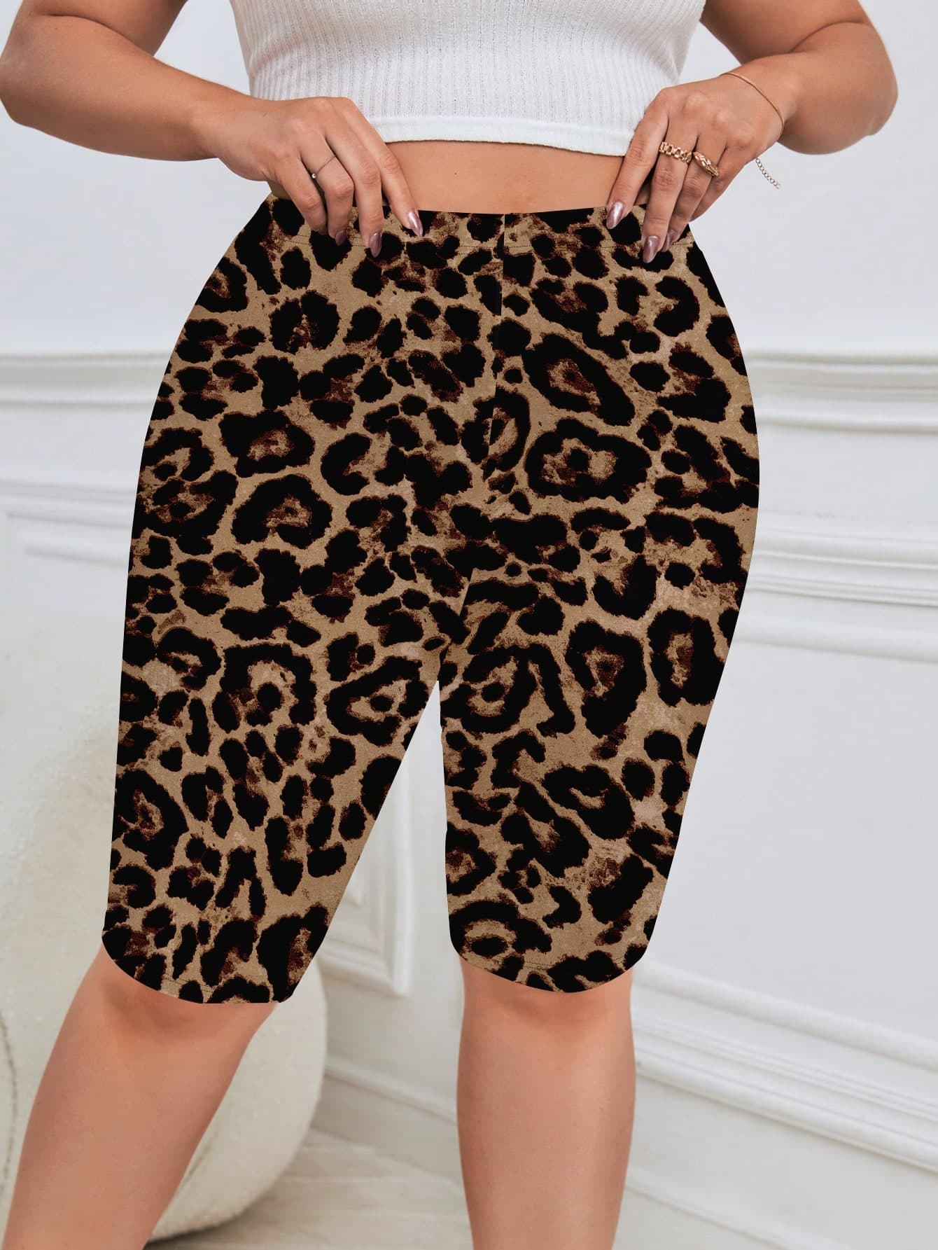 SHEIN Essnce Plus Size Women Leopard Print Full Pattern Casual Sexy Leggings, Suitable For Spring/Summer Suitable For Going Out Office Beige