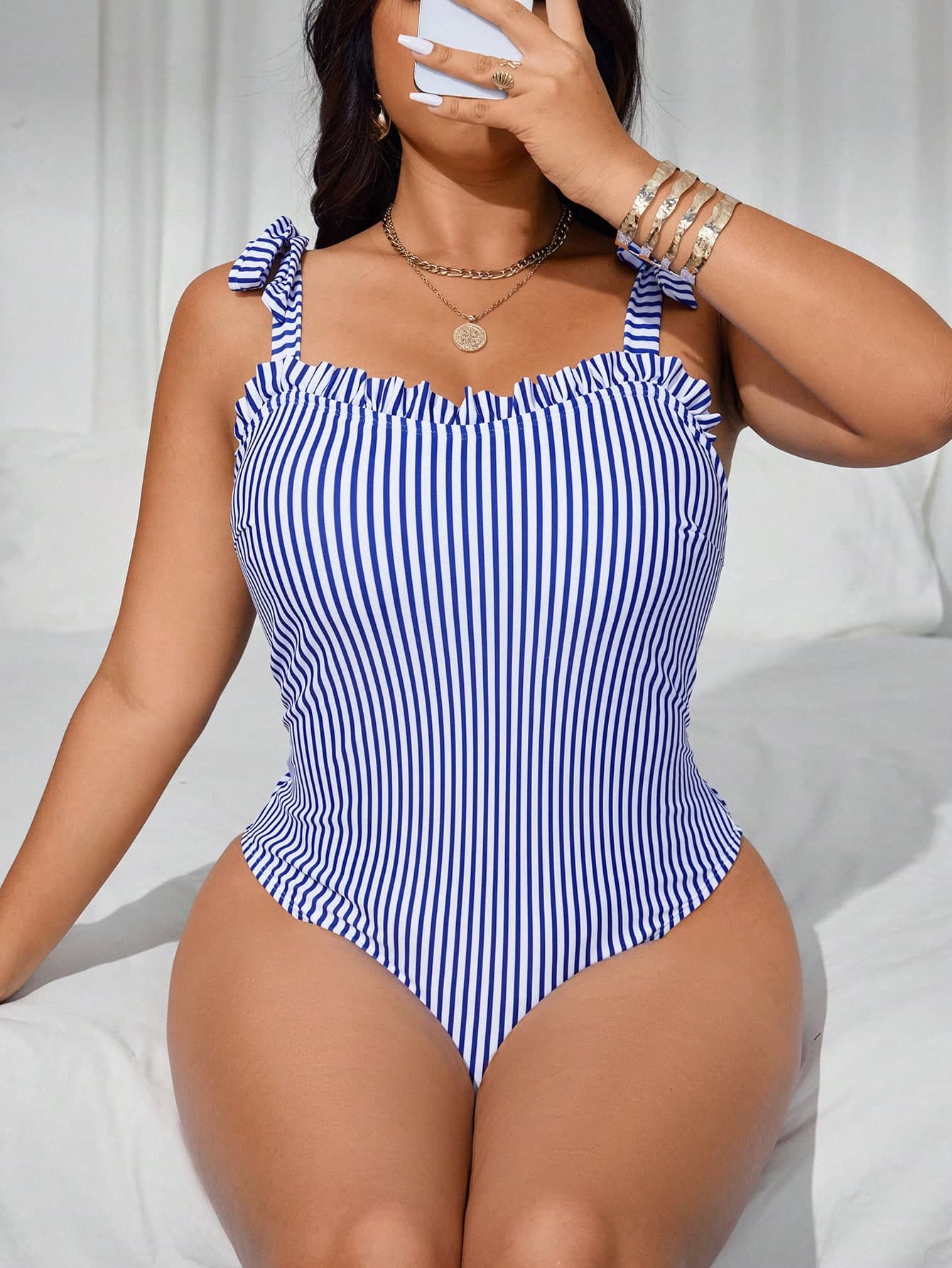 Swim Mod 2025 Blue & White Striped Ruffled Tie-Front One-Piece Swimsuit, Plus Size, Casual Floral Vacation Beach Style For Spring & Summer