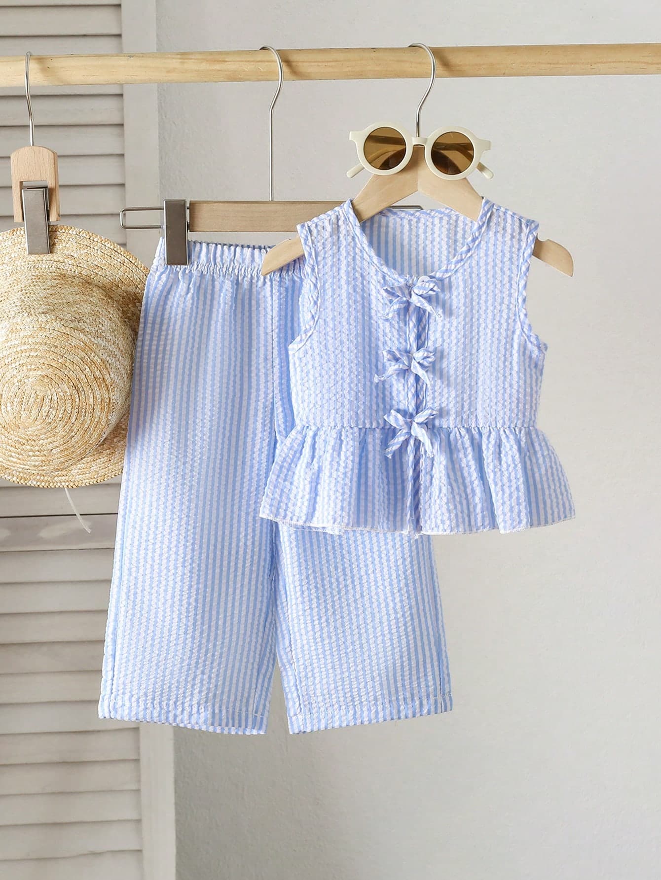 SHEIN Playful Pals 2pcs Baby Girls Toddler 0-3yrs Spring Summer Casual Sweet Daily Vacation Striped Woven Sleeveless Top And Wide Leg Pants Set