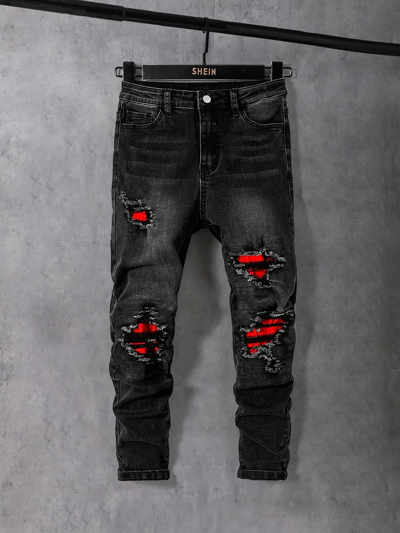 SHEIN Teen Boy Y2K Fashion Casual Black Denim Cut Out Ripped Frayed Red Patchwork Stretch Skinny Teen Boy Jeans For Boy Soft Dailywear And The Four Seasonsr Teen Boy Summer Clothes