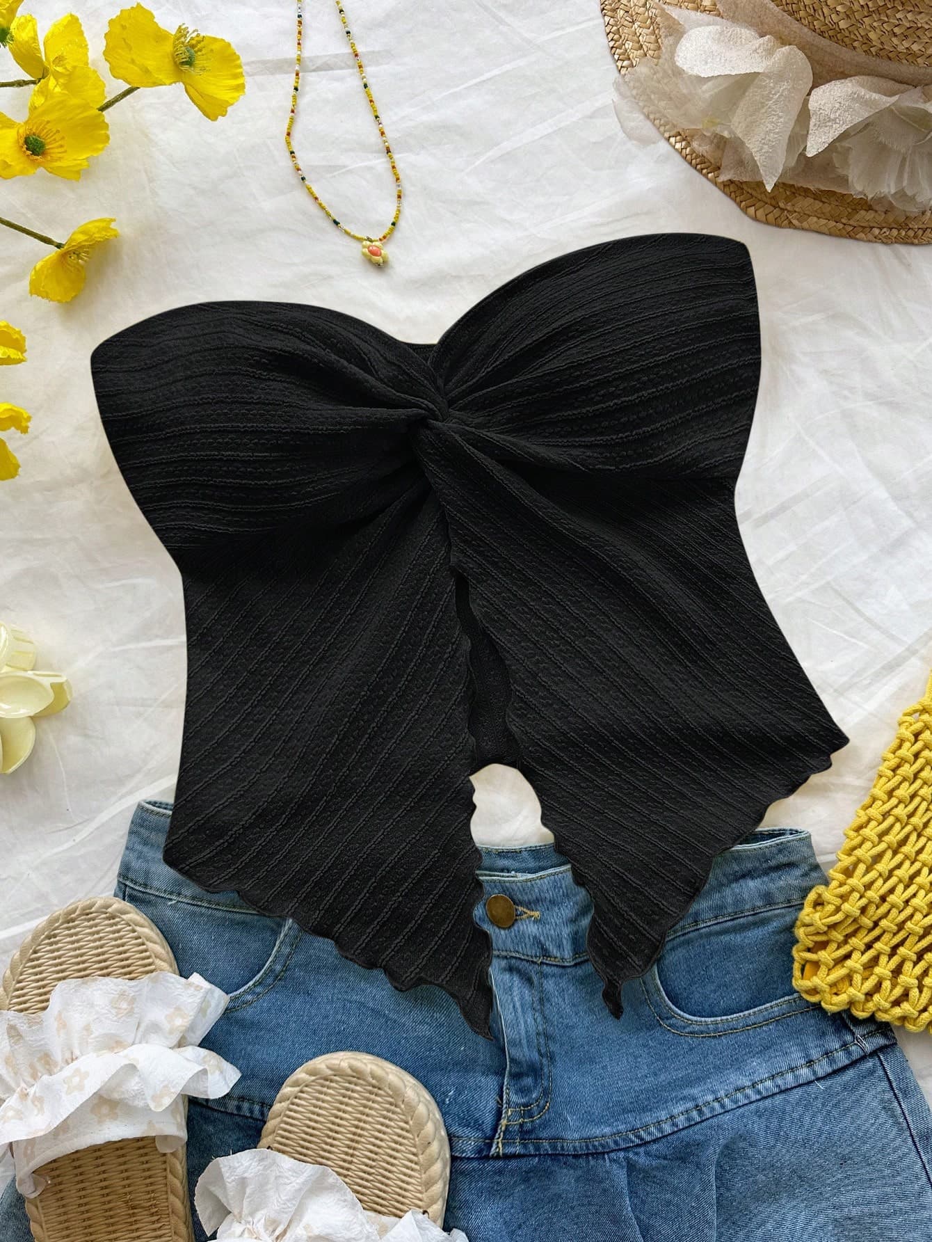SHEIN Teen Girls Black Textured Tube Top With Front Twist,Frill Trim Fitted Blouse For Summer Party Holiday,Resort Style Vacation Streetwear Cute Tops
