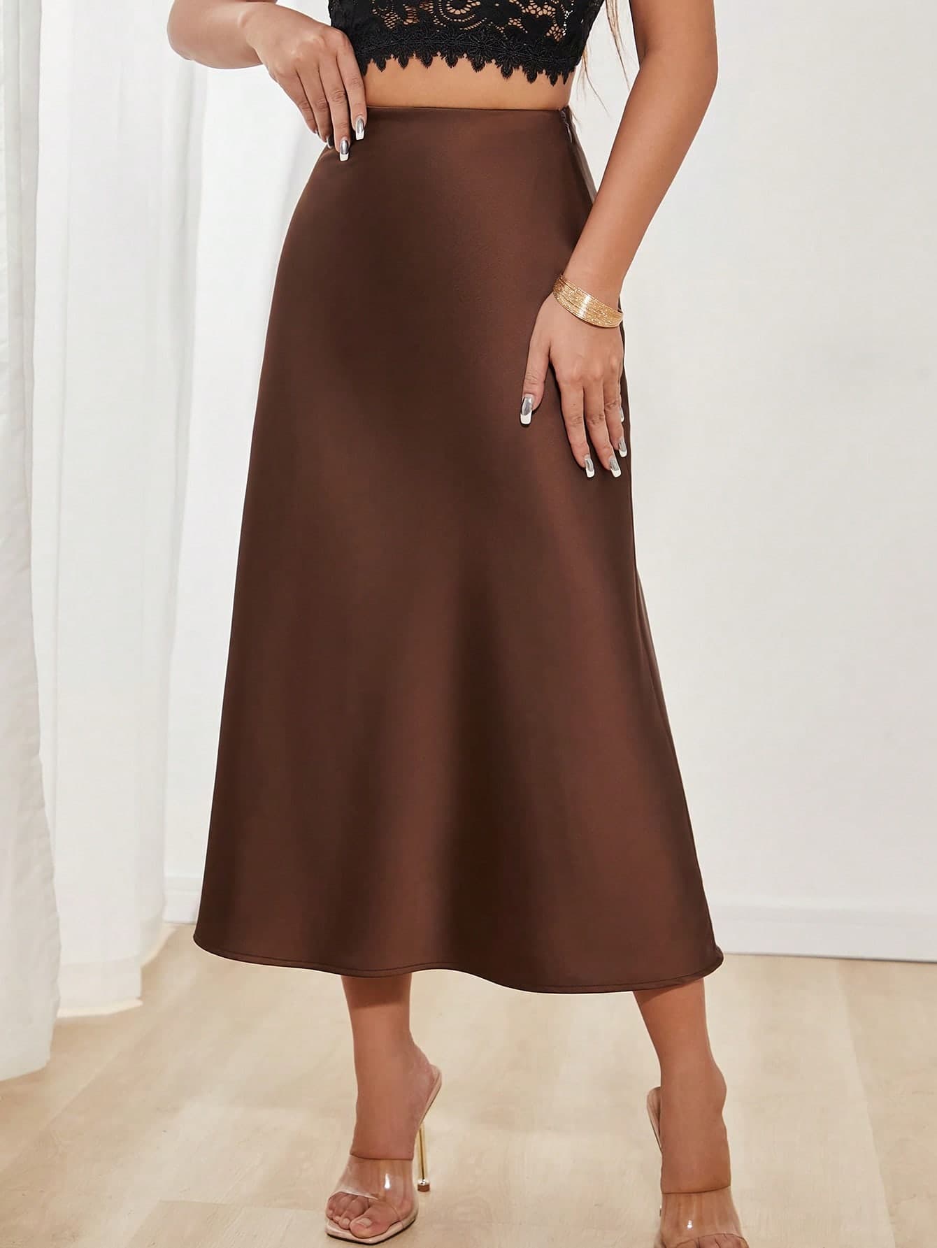 SHEIN PETITE Women's Elegant Versatile Satin Mid Skirt, Women Summer Clothing,Long Skirt,Skirts For Women Fall Cloth For Women ,Petite Women