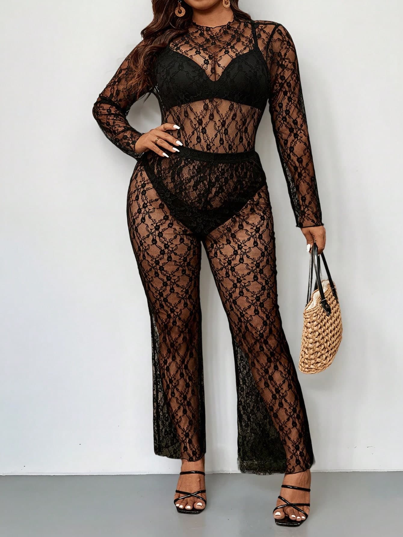 SHEIN VCAY Women's Plus Size 2pcs Set Black,Autumn,Girlism,Night Out Club Solid Color Lace Trim Fitted Long Sleeve Jumpsuit & Pants,Mother's Day Gift,Vacation