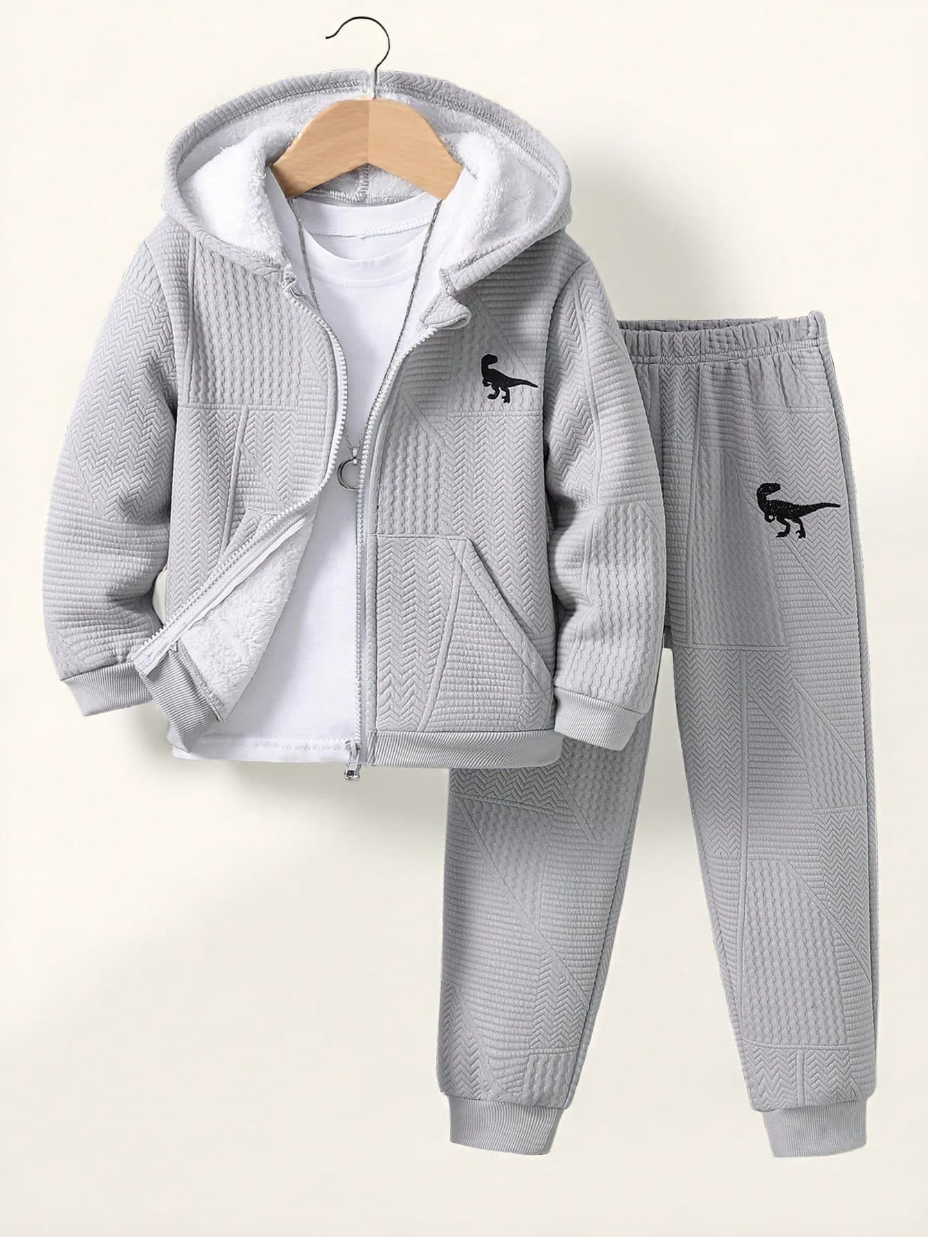 SHEIN Genkimix Kids Young Boy Dinosaur Embroidery Thermal Lined Hooded Jacket & Sweatpants Without Tee Chic Outfits For Autumn/Winter