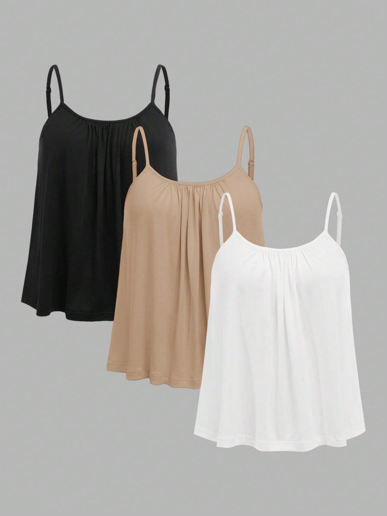 SHEIN EZwear 3pcs/Set Plus Size Women's Solid Pleated Loose Camisole,Adjustable Straps Casual Summer Outfits,Black And White,Khaki,Beach Holiday,Family Matching