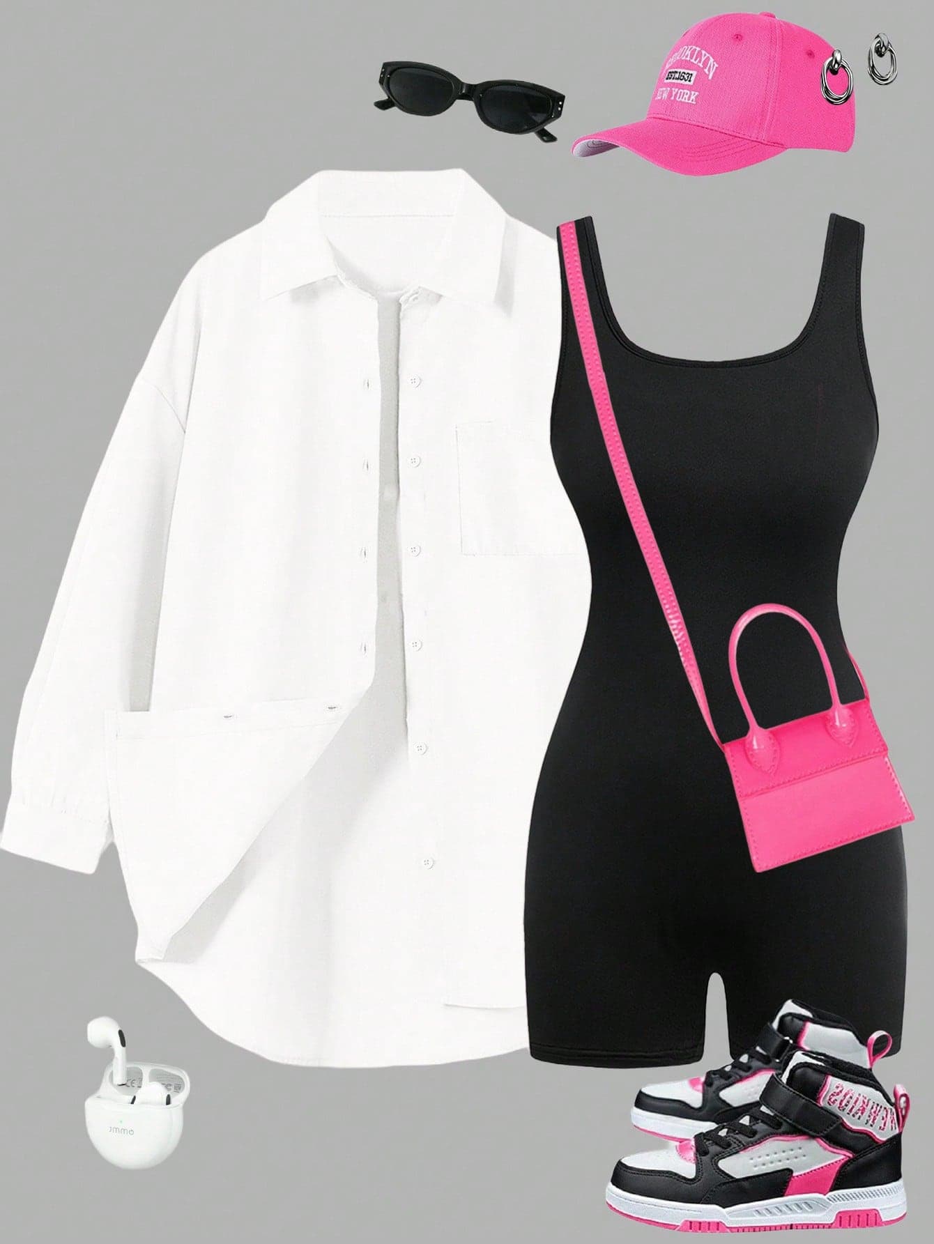SHEIN Essnce Y2K Streetwear 2pcs Matching Set: Oversized Shirt & Slim Black Bodysuit Shorts Women's Athleisure Outfits,Black And White,Summer,Gym,Airport Travel