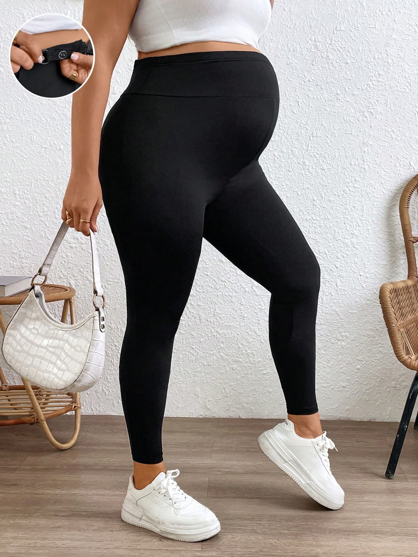 Plussiva Plus Size Women Pregnant Solid Color Adjustable Waist Tight Casual Pants