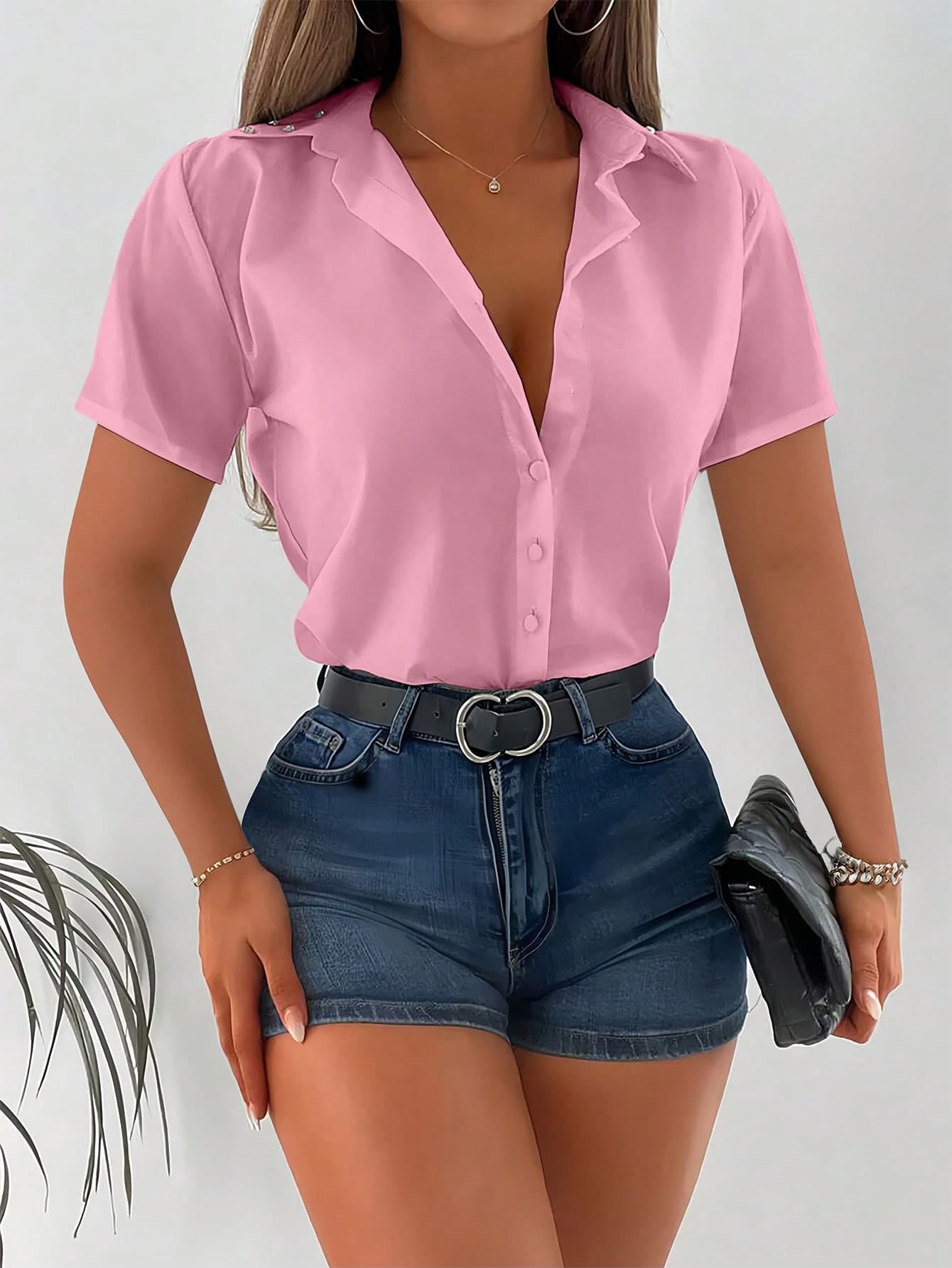 INAWLY Women's Fashion Single Breasted Short Sleeve Shirt