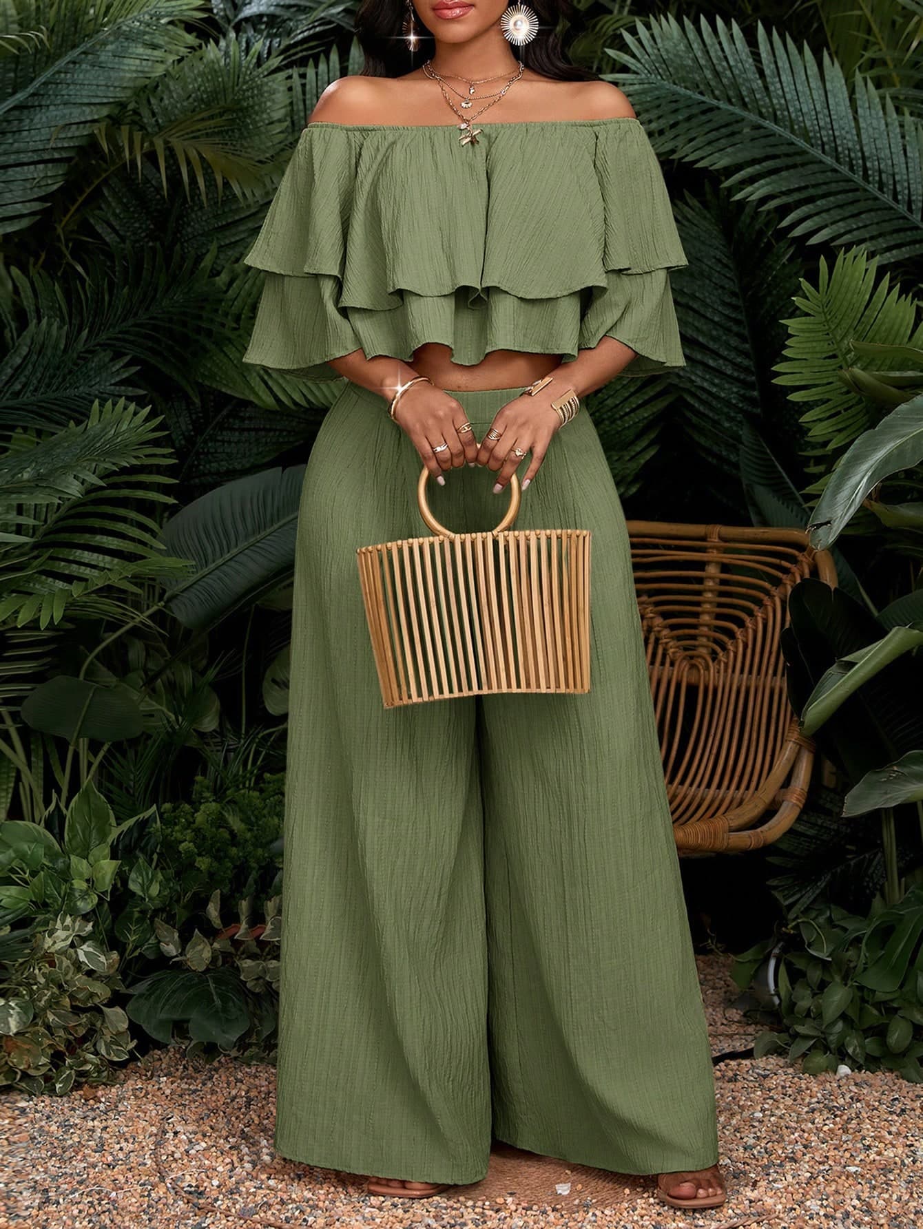 SHEIN Lady Women's Plus Size Olive Green Summer Two Piece Set,Elegant Strapless Woven Textured Top & Wide Leg Pants,Boho Holiday Vacation Outfits For Women