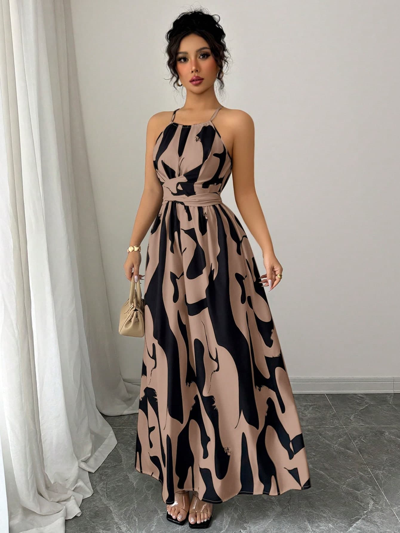 Elenzga Women Fashion Elegant Halter Neck Cutout Waist Twist Asymmetrical Colorblock Dress, Spring/Summer