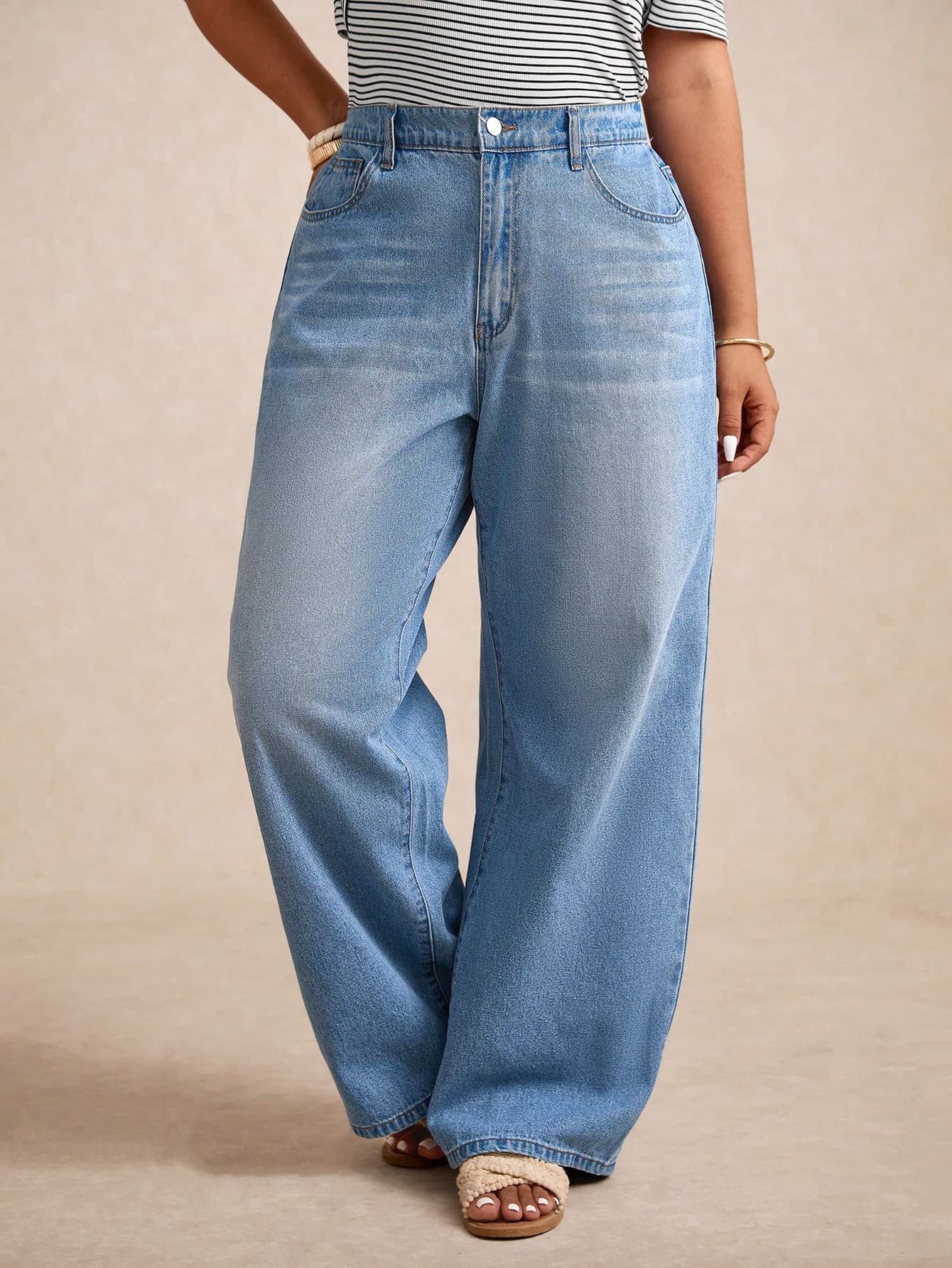Elaquor Plus Size Women's Pocket Loose Wide Leg Casual Versatile Denim Jeans