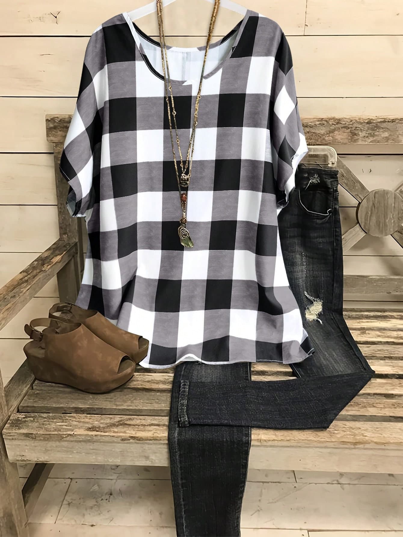 Linhara Plus Size Women Plaid Batwing Sleeve Casual Shirt