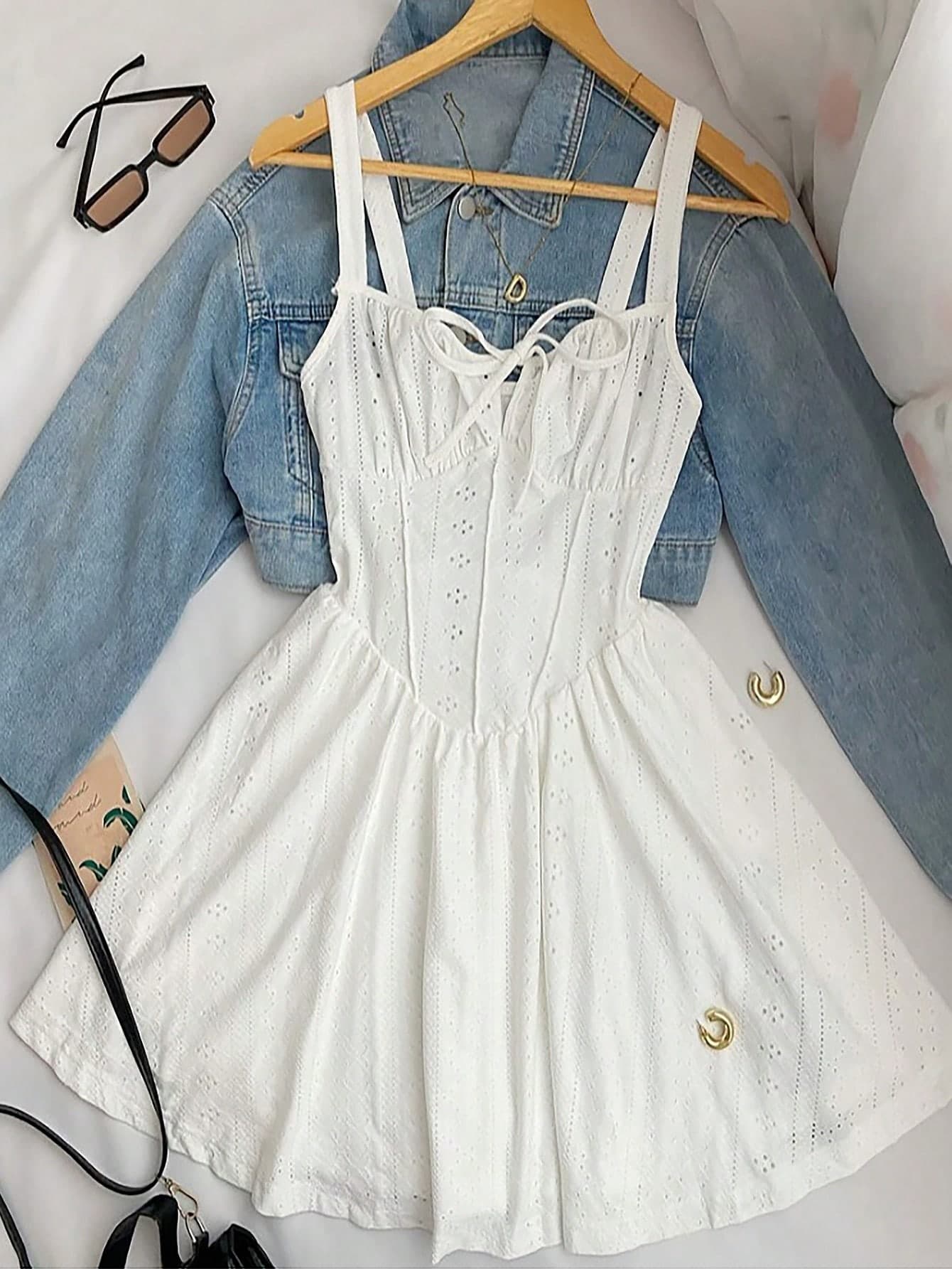 INAWLY Women's French Style Elegant Tie-Waist Hollow Bowknot Sleeveless A-Line Mini Dress, Cute & Sweet For Summer