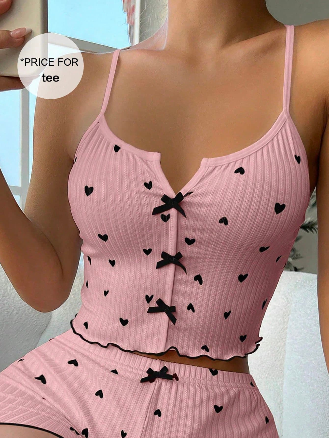 Softscene Women Heart Print Bow Decor Pajama Top