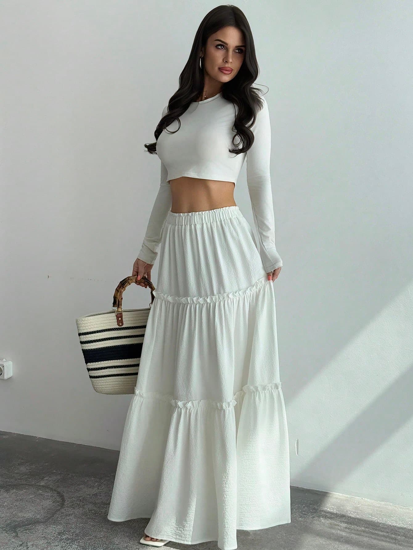 Firerie Women's Elegant Casual Vacation Beach Travel Graduation Music Festival Bohemian White Elastic Waist Ruffle Hem A-Line Loose Skirt, Suitable For