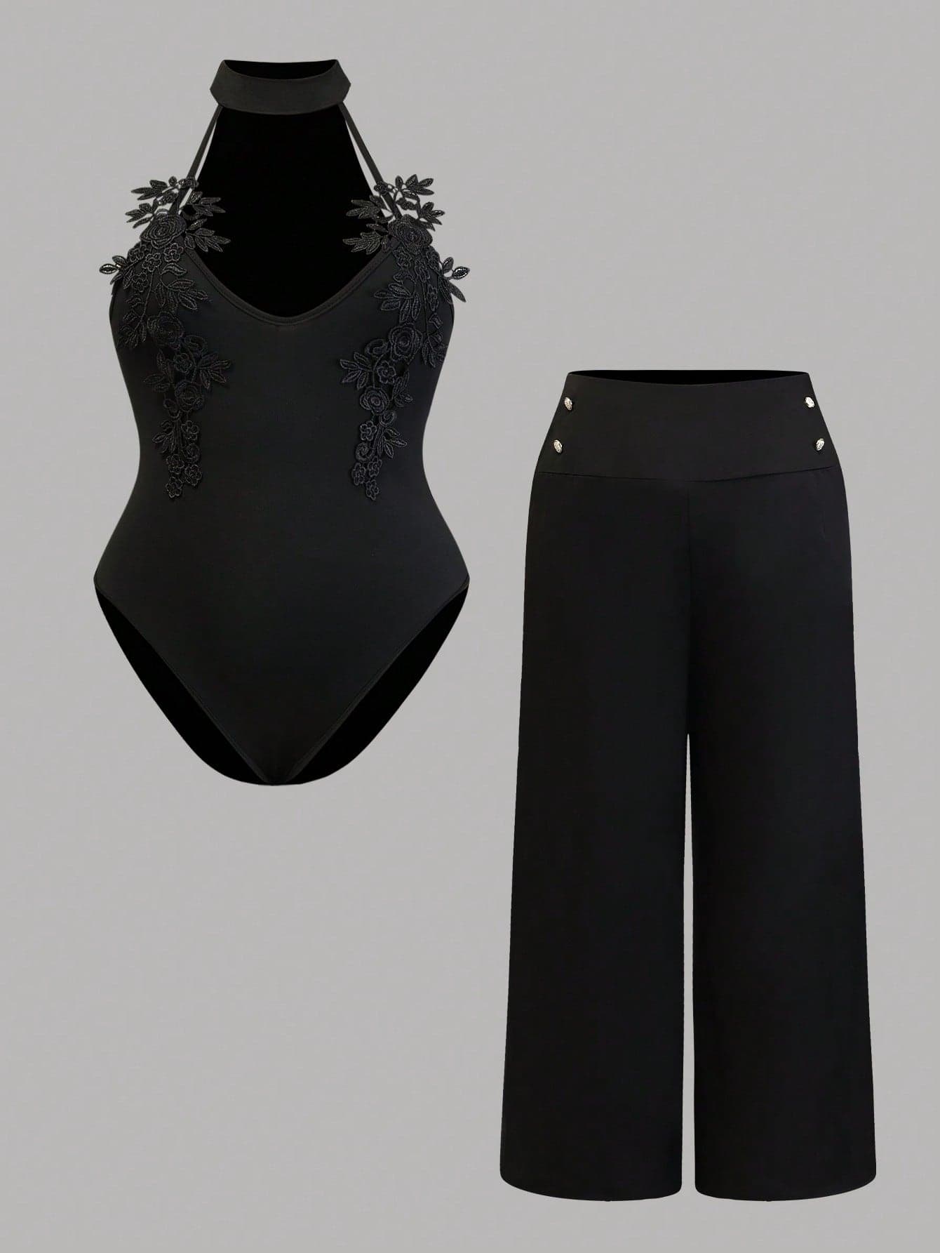 Firerie Plus Size Women's Summer Elegant Black Lace Embroidery V-Neck Halter Jumpsuit Suit,Super High Waist Wide Leg Trousers Night Out Club Business Fashion