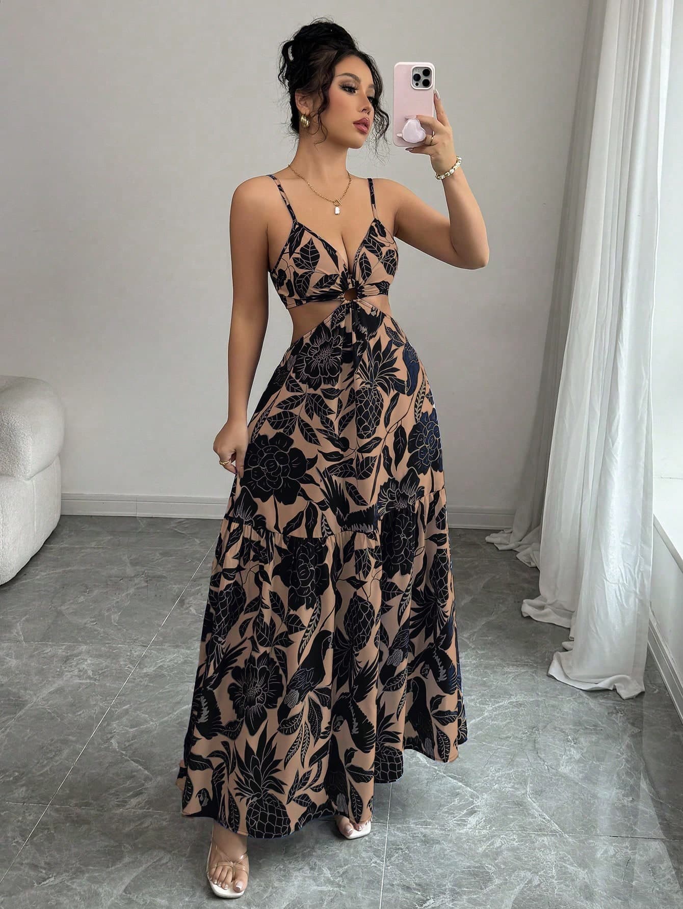 Elenzga Women's Printed Waist-Cinching Midi Dress, Suitable For Vacation, Work Commute, Daily Wear