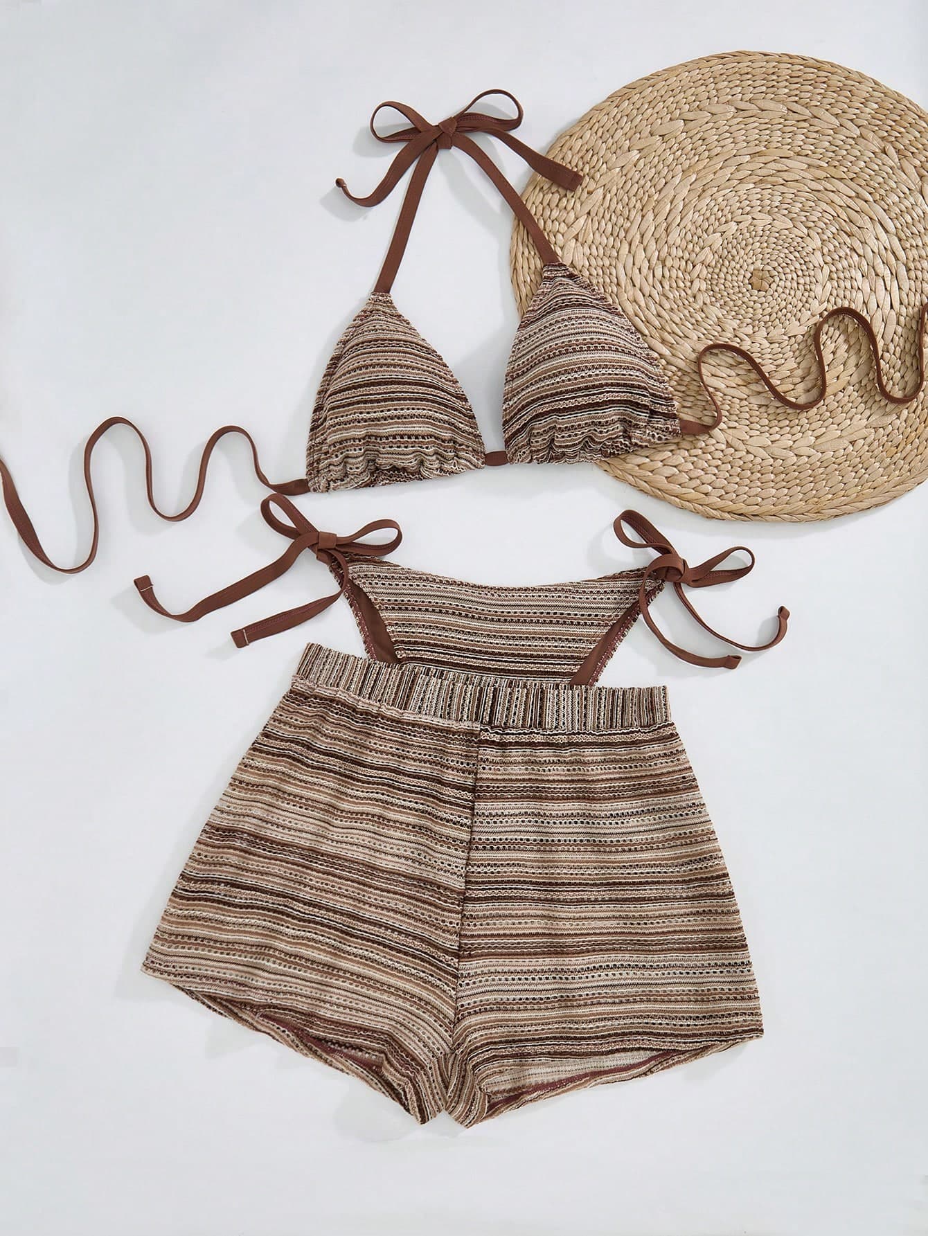 SHEIN Swim Curve Plus Size Women's 3pcs Swimsuit Set,Striped Tie-Front Tankini Top With Triangle Cups,High Cut Shorts Bottom & Cover Up, Summer Boho Beach Holiday