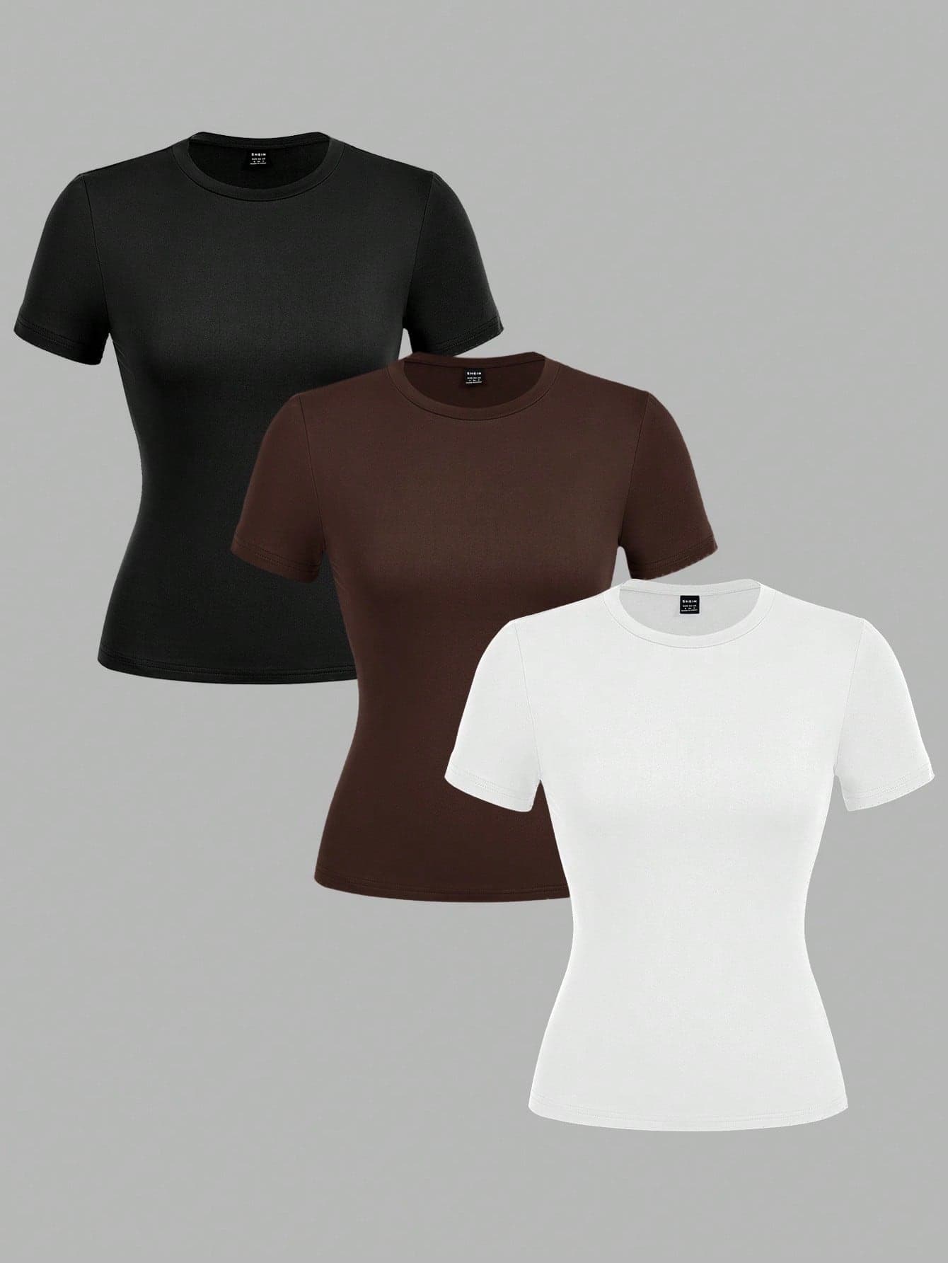 SHEIN EZwear 3pcs Women Casual Tight-Fitted Long Sleeve Round Neck T-Shirt Set, Suitable For Summer