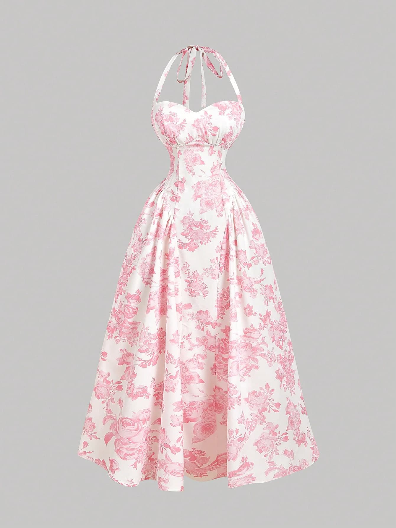 SHEIN MOD Women's Romantic Floral Print Halter Mid-Length Dress Vintage, Wedding Guest Dress