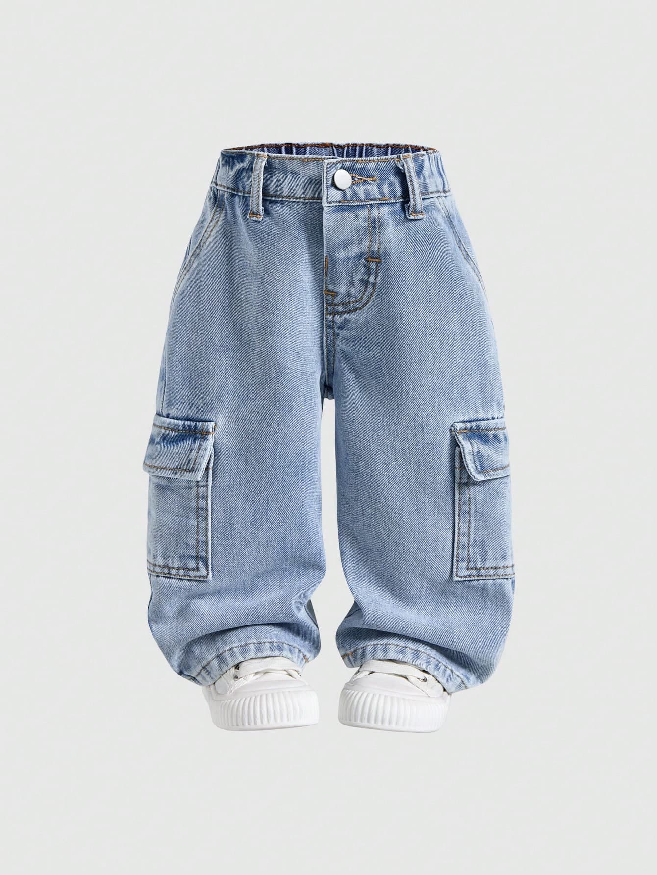 SHEIN Baby Boy Cool Street Style Fashionable Washed Effect Cargo Pocket Loose Fit Light Blue Denim Jeans