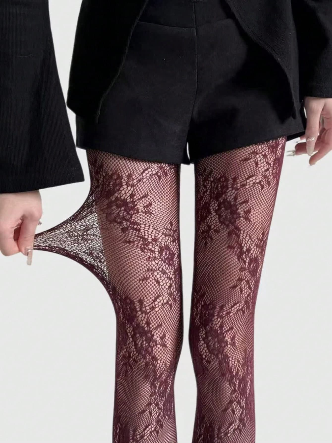 ROMWE Kawaii Floral High Elasticity Hollow Out Sexy Fishnet Tights, Suitable For Women's Daily Wear