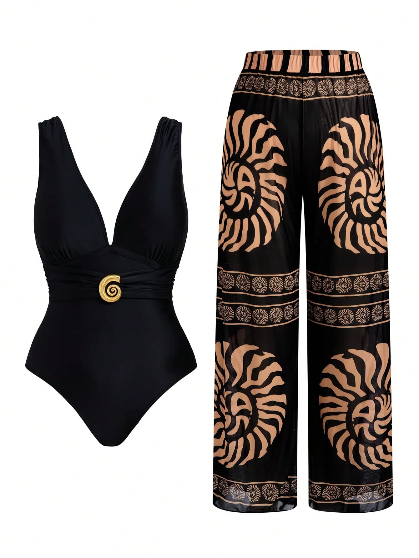 Swim Oasis New Plus Size Women Sexy V-Neck One-Piece Swimsuit With Mesh Pants, Slimming Two Pieces Swimwear For Summer Beach Vacation
