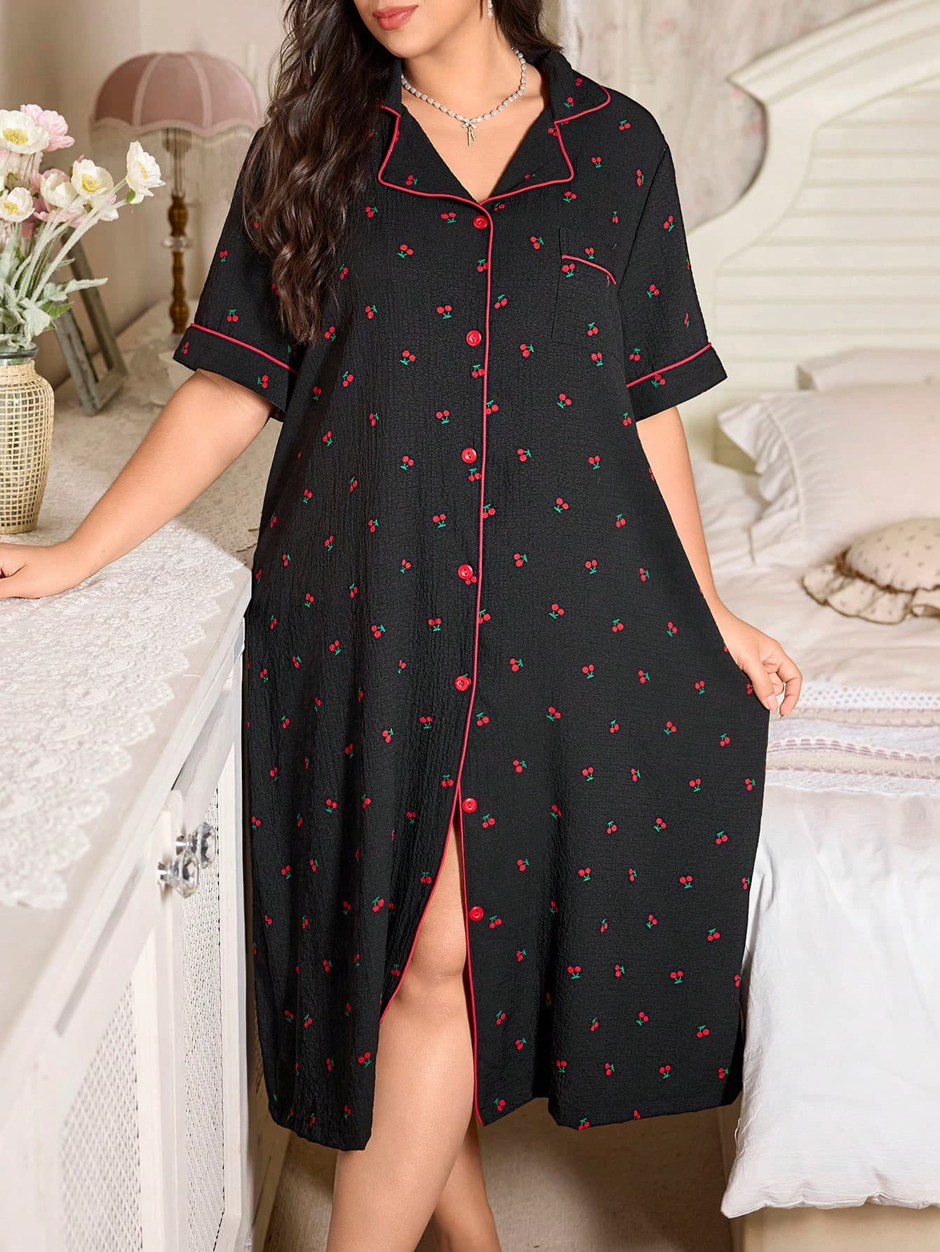 CottageSlumber Black & Red Contrast Cherry Print Plus Size Women's Open Front Dress Holiday Season,Sleep Dress Bountiful Floral Splendor Cozy And Elegant Details