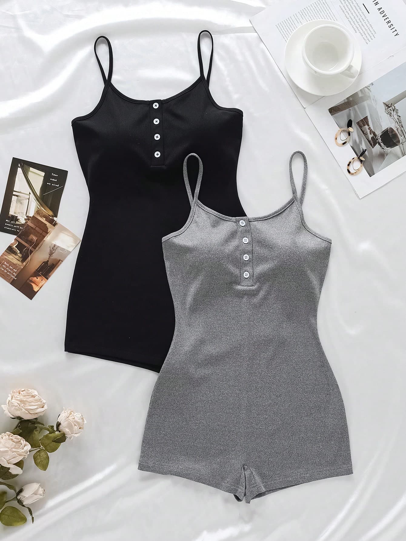SHEIN 2pcs/Set Women Ribbed Strap Jumpsuit Pajamas