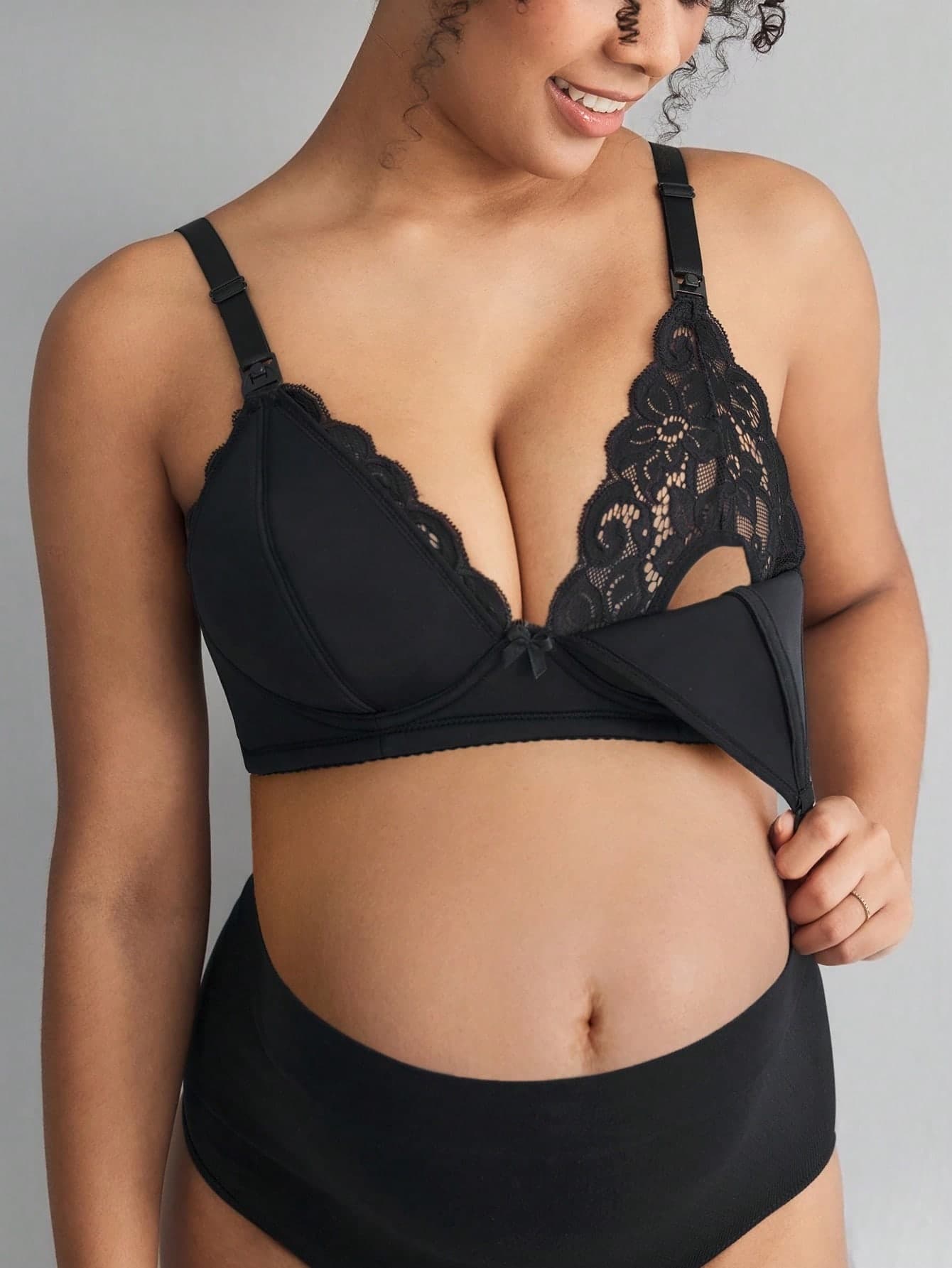 Moonlight&Mama Maternity Solid Lace Patchwork Bow Decor Nursing Bra