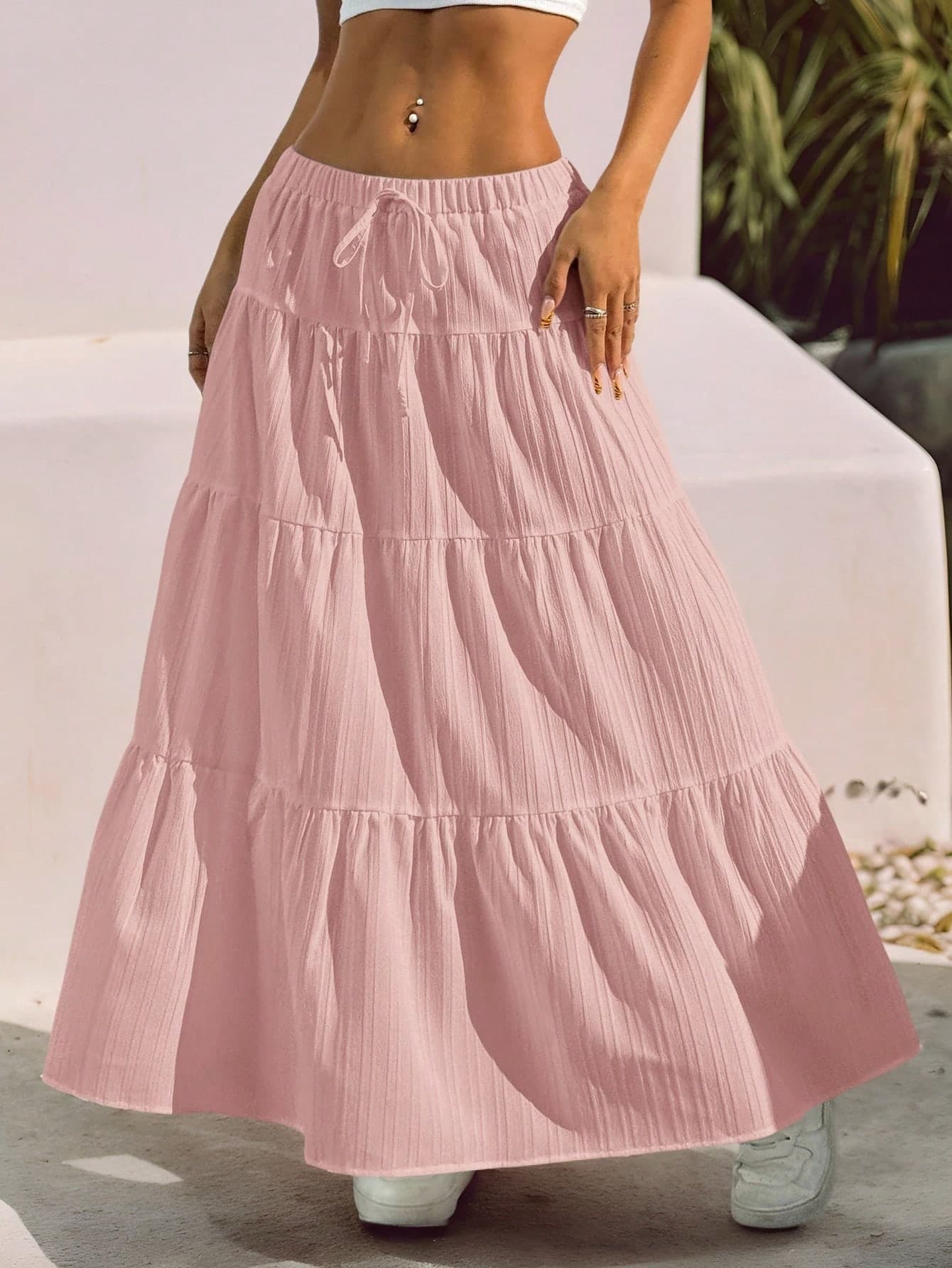 SHEIN EZwear Lightweight Pastel Pink Textured Skirt For Women, Summer