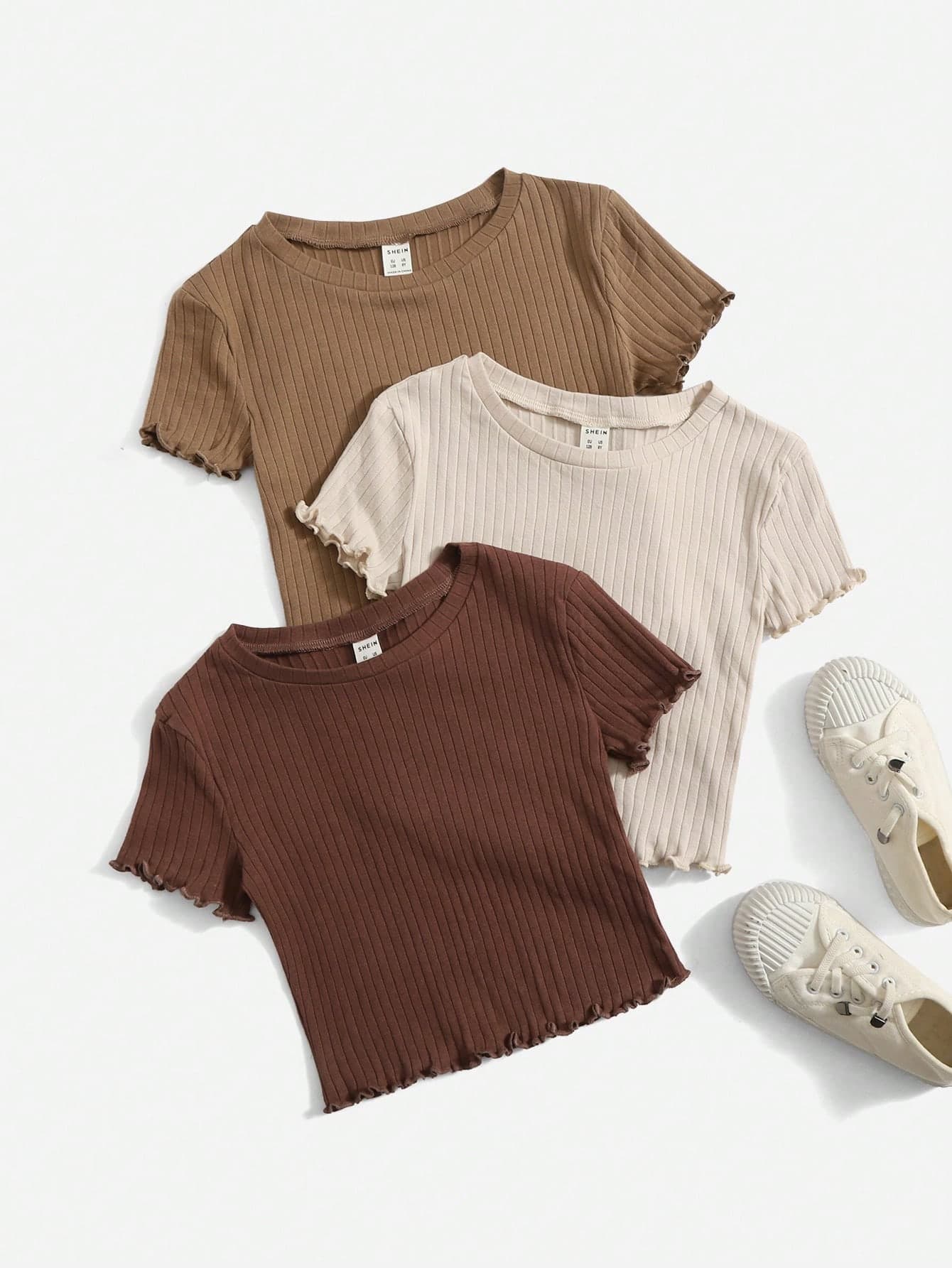 3 Pcs Tween Girls Elegant Round Neck Ribbed Knit Tops With Ruffle Trim