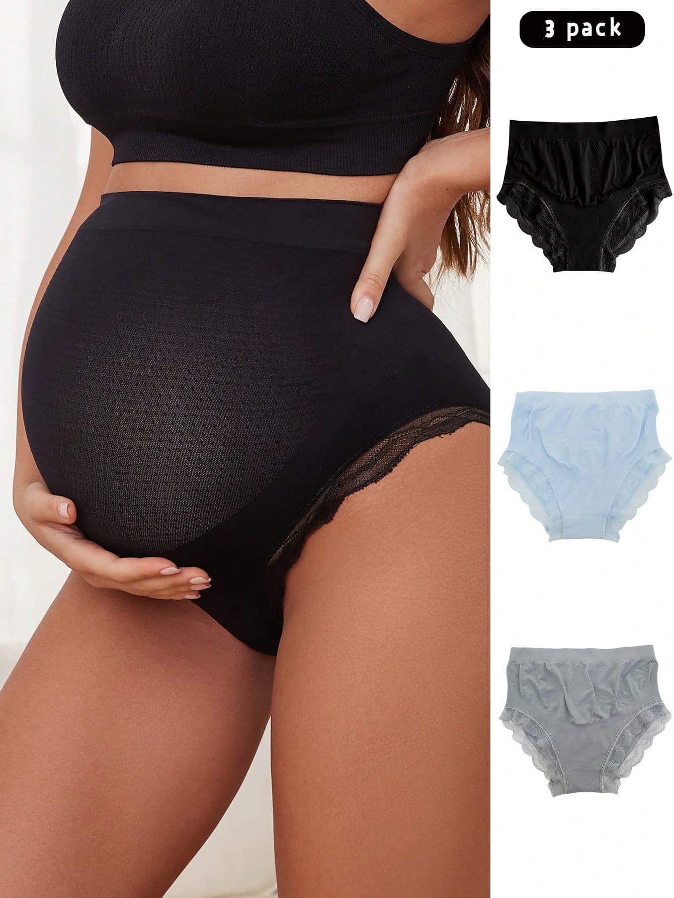Moonlight&Mama 3pcs/Set Contrast Lace High-Waist Maternity Underwear Seamless