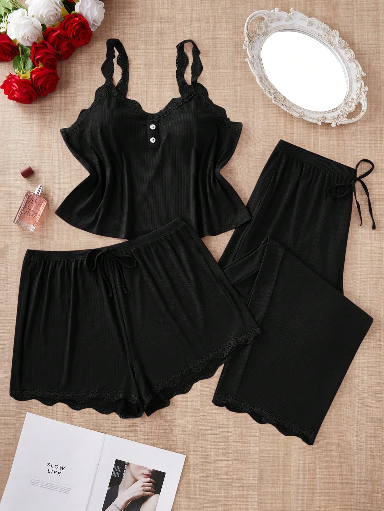 SHEIN Plus Size Women 3 Pieces Contrast Lace Spaghetti Strap Pajama Set, Outfits