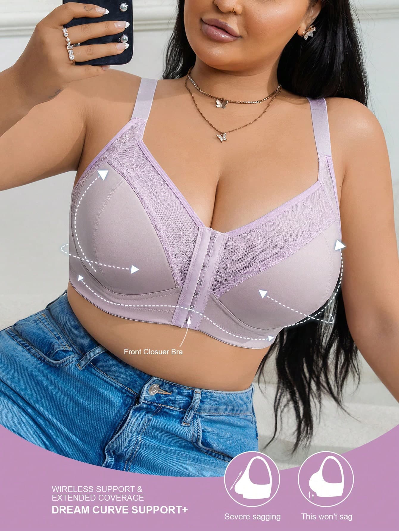 SHEIN Plus Size Women Lace Patchwork Wireless Sexy Bra