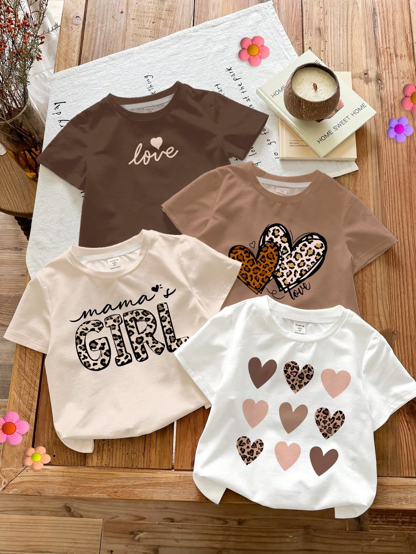 SHEIN Happikins 4pcs Pack Young Girl Casual Basic Round Neck Short Sleeve T-Shirt,Leopard Print,Heart & Mama's Girl Pattern,Summer,School,Back-To-School