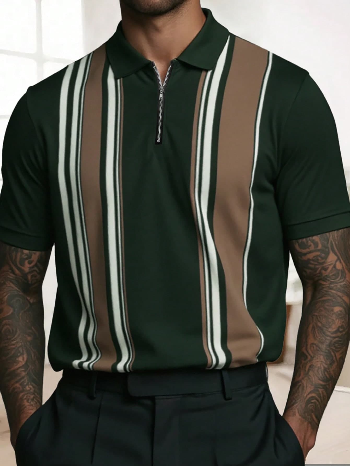 Manfinity Dauomo Men's Fashion Business Vertical Striped Contrast Color Zip-Up Polo Shirt