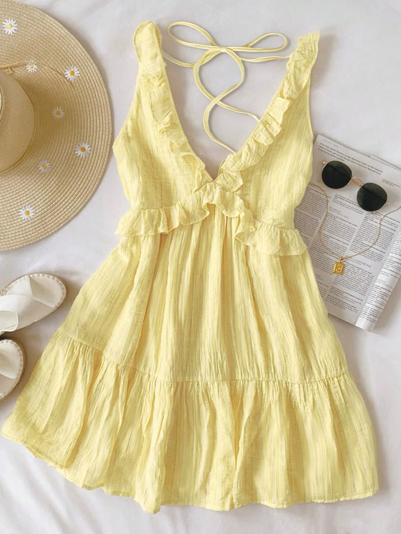 INAWLY Women's Ruffle Strap Minimal Solid Color Yellow Mini Dress, Casual Vacation Style, Summer